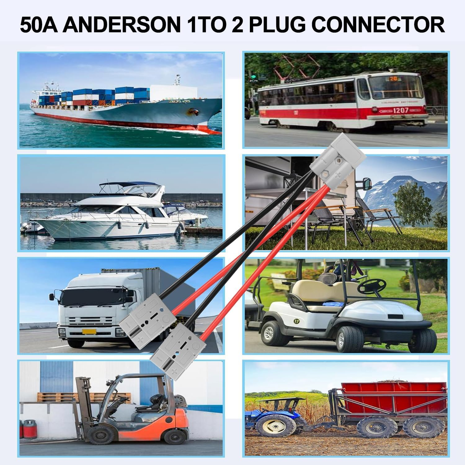 2Pcs Anderson Plug Connector Electric Forklift Charging Plug Large Current 1 to 2 Splitter Quick Connect Disconnect Connector for Battery Harness 300Mm Double Y Extension Adapter 50A Charging Cable image number 5