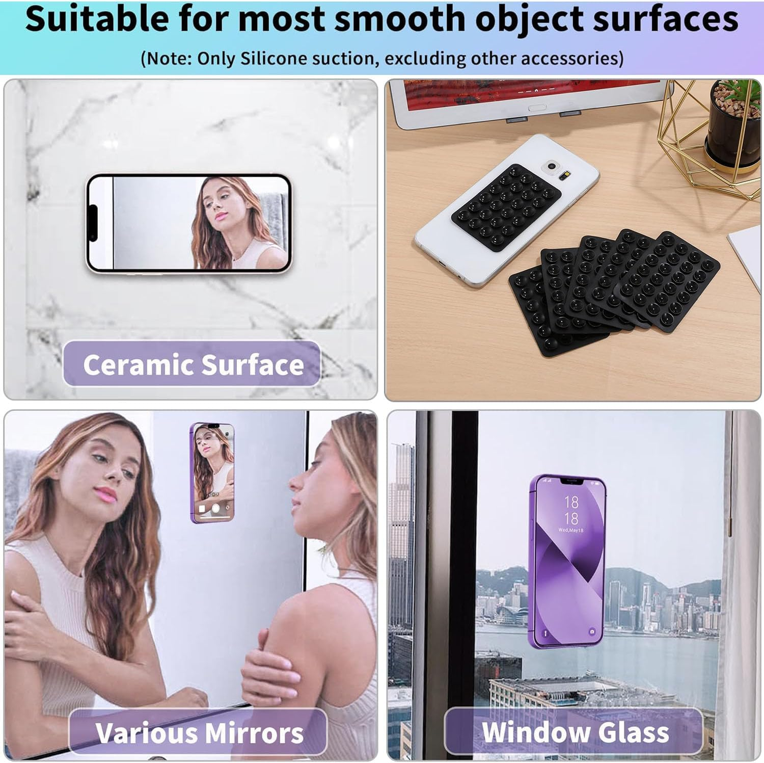 Taicols Suction Cup Mat, 6 Pcs Phone Suction Mat, Phone Case Mount, Silicone Suction Phone Case Adhesive Mount, Silicone Non Mini Hands-Free Mobile Accessory Holder Toy for Selfies and Videos (Black) image number 6