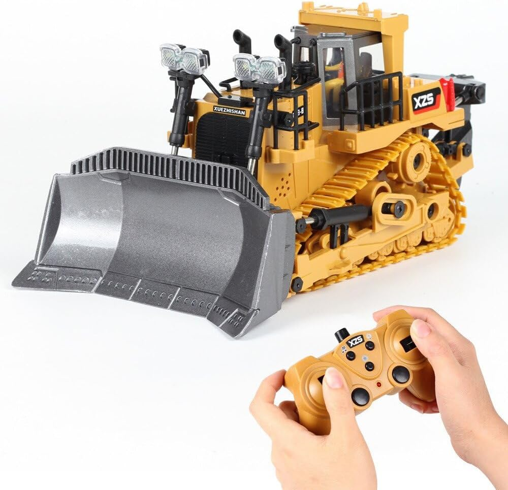 TOYVIBE 1:24 Scale Alloy Remote Control Bulldozer - 2.4Ghz 9-Channel RC Construction Vehicle with Multi-Terrain Tires, Realistic Lights & Sound, Long Range Control for Adults/Kids (Yellow) image number 6