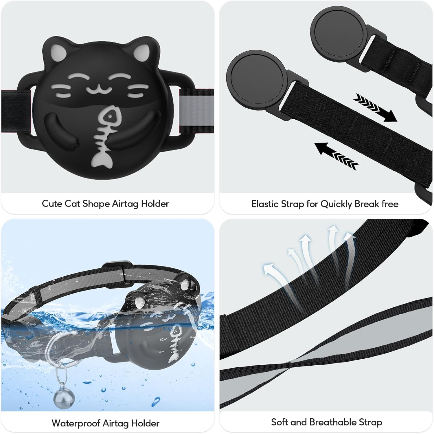 WROSWT Waterproof Airtag Cat Collar, Breakaway Cat Collars with Luminous & Reflective Strap for Apple Air Tag, Kitten Safety Elastic Band, Lightweight Hidden GPS Tracker Holder(Black, 8"-11") image number 1