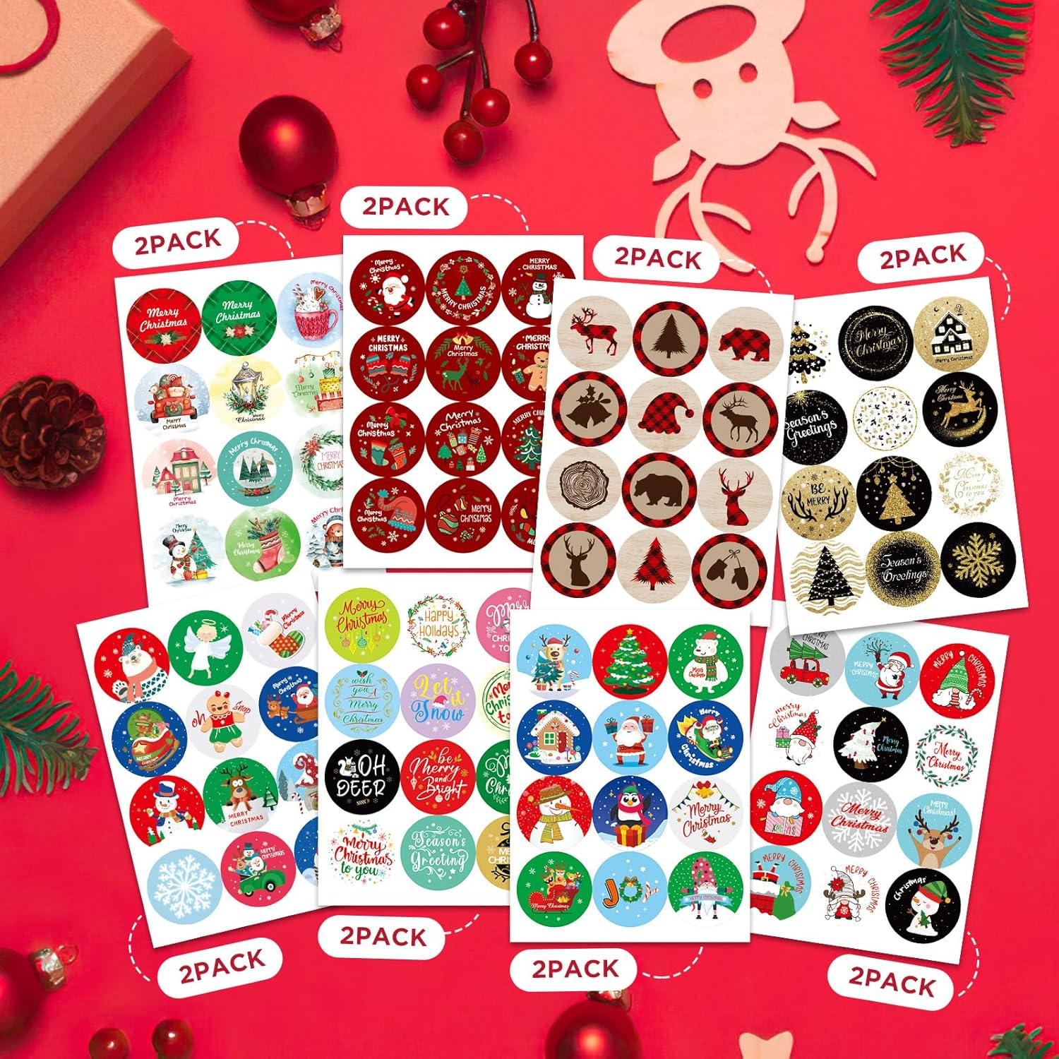 Simpeak Christmas Stickers, 192 Pcs Self-Adhesive Merry Christmas Santa Snowflake Sticker, round Envelope Presents Gift Stickers Decal, 16 Sheets, 8 Styles image number 2