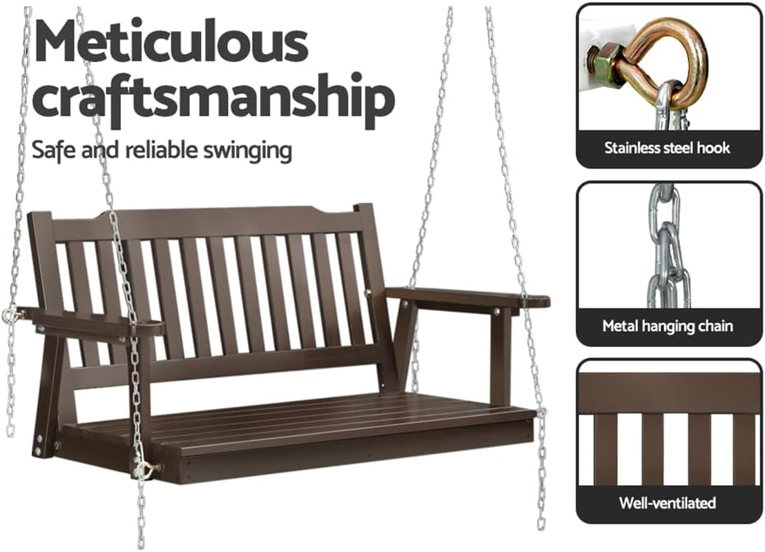 Gardeon Outdoor Porch Swing Chair Wooden 2 Seater Brown Garden Bench Hanging Seat, Patio Baconly Furniture Chairs, with Metal Chains Water Resistant 300Kg Capacity image number 1