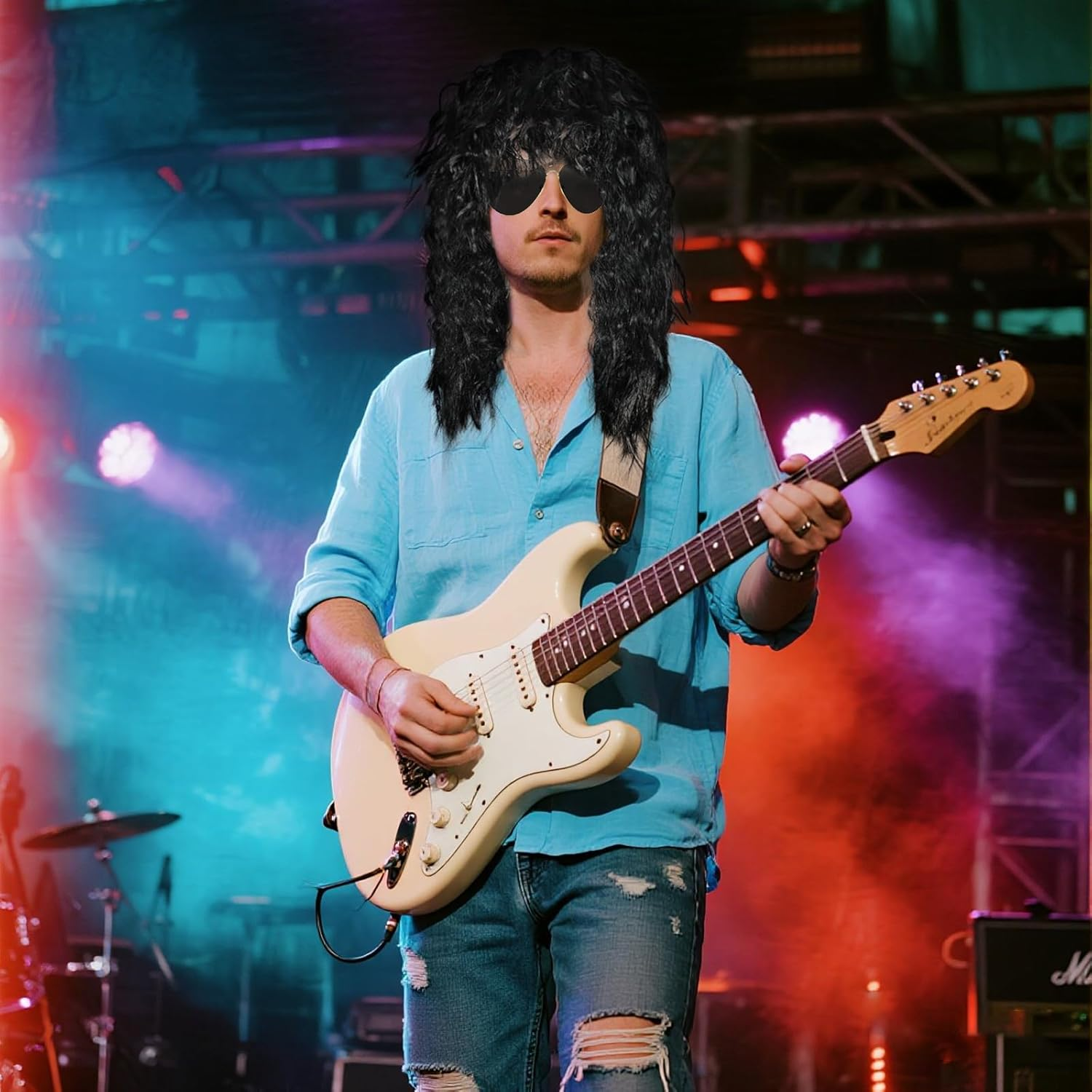 80S Mullet Wig for Men Women Rock Disco Wigs Long Brown Curly Punk Rock Hair Wig 70S 80S Costumes for Halloween Cosplay Party