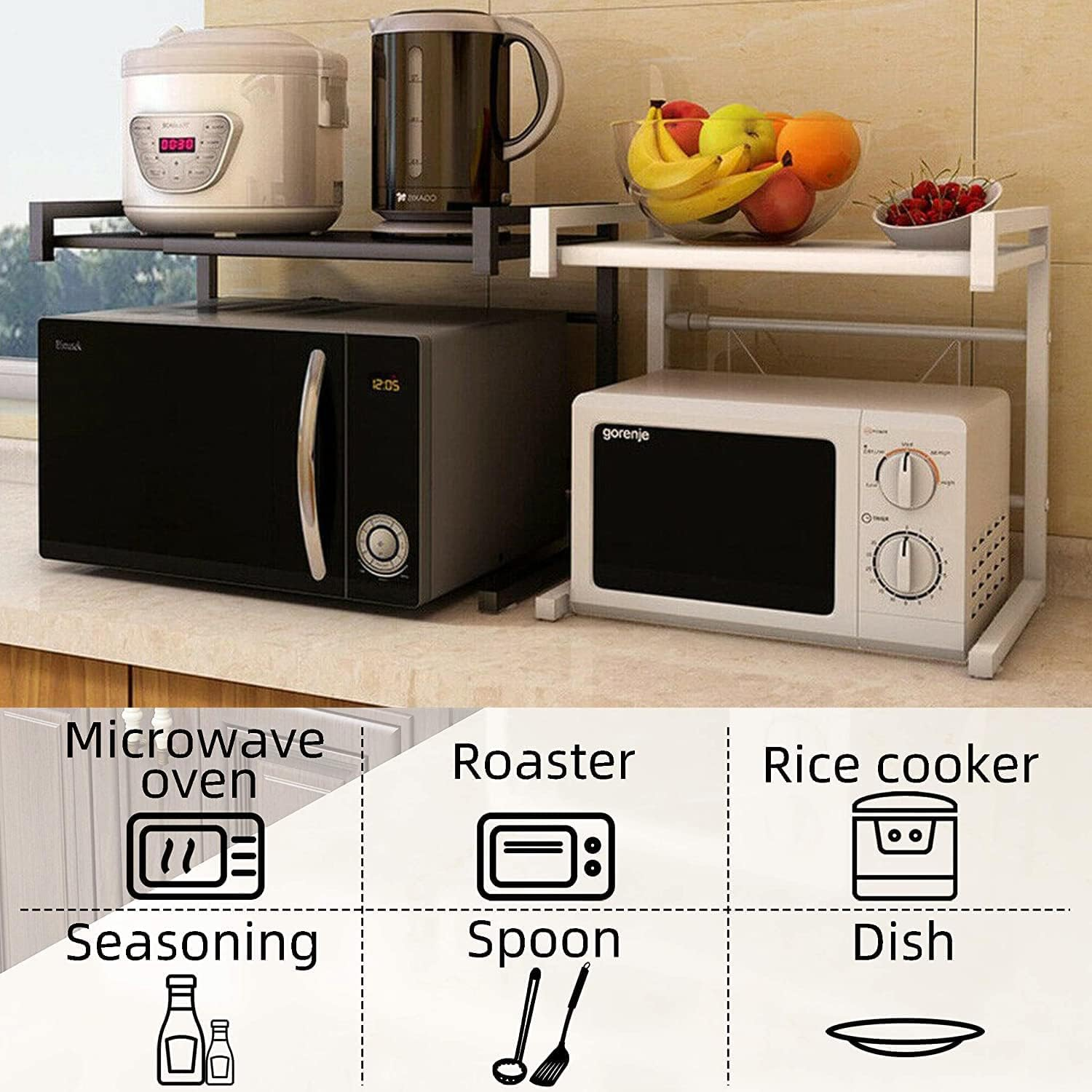 Microwave Shelf Kitchen Organiser Oven Rack Toaster Stand Shelf Storage Metal Cabinet Shelving Kitchen Supplies Tableware (Black) image number 5