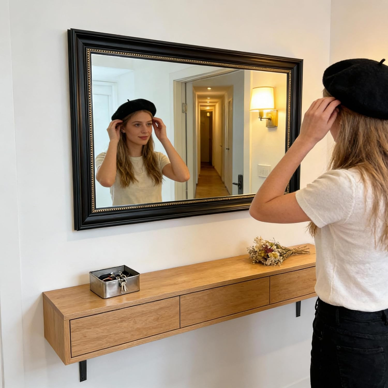 80X60Cm Wall Mirror Shatterproof Tempered HD Glass Mirror Classical PS Frame Carbon Black Mirrors for Vanity, Entryway, House Bedroom, Living Room, Home Entryway, Hallway