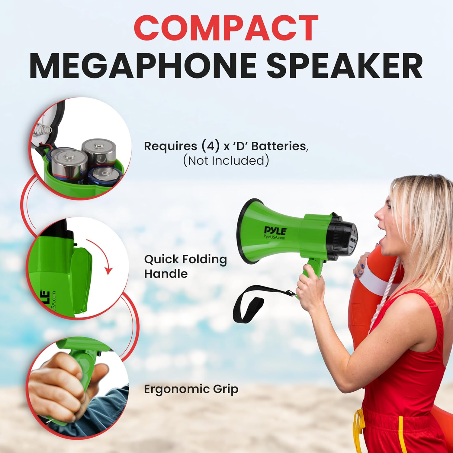 Portable Megaphone Speaker Siren Bullhorn - Compact and Battery Operated with 30 Watt Power, Microphone, 2 Modes, PA Sound and Foldable Handle for Cheerleading and Police Use - Pyle PMP32GR (Green) image number 1
