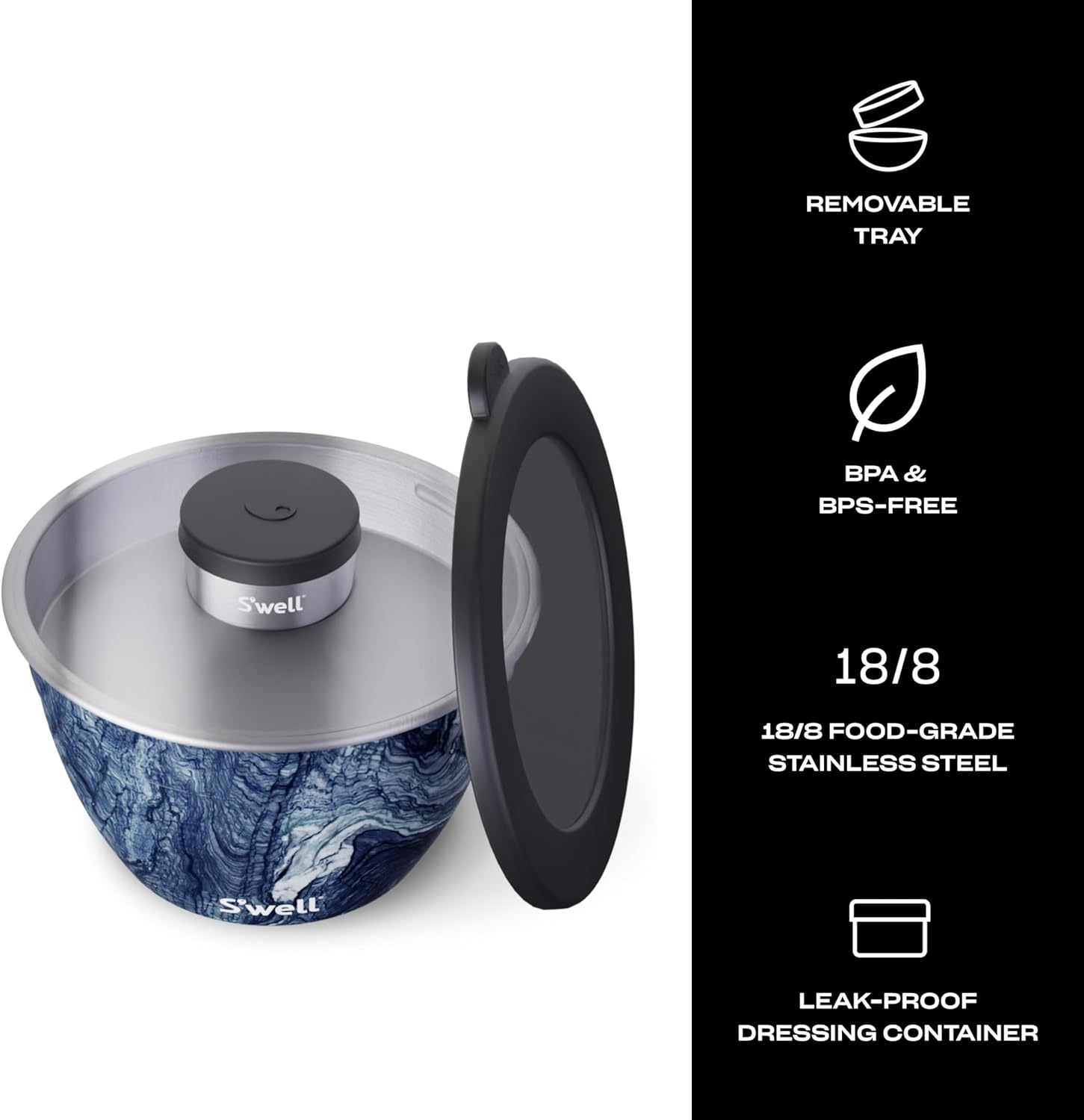 S'Well Stainless Steel Salad Bowl Kit - 64Oz, Azurite - Comes with 2Oz Condiment Container and Removable Tray for Organization - Leak-Proof, Easy to Clean, Dishwasher Safe image number 6