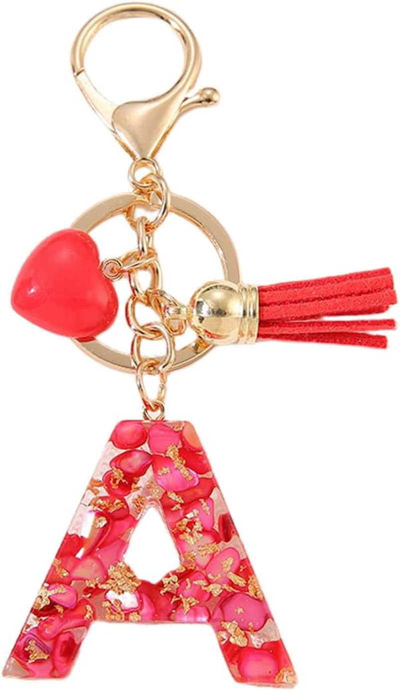 Gierzijia Red Stone Love Tassel A-Z Alphabet Resin Keychain, Initial Letter Key Ring Accessories Bag Charms