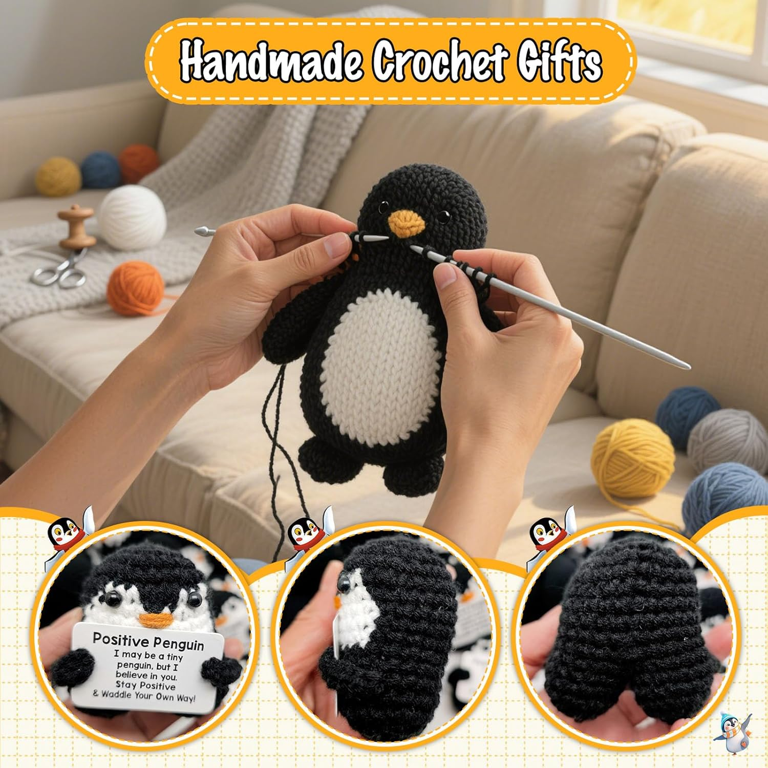 Mini Postive Crochet Funny Gift, 2PCS 3 Inch Cute Crochet Sunflower Pot Desk Decoration Toy with Positive Card for Dad Father Women Mom Best Friend Teacher Fall (Sunflower & Penguin) image number 2