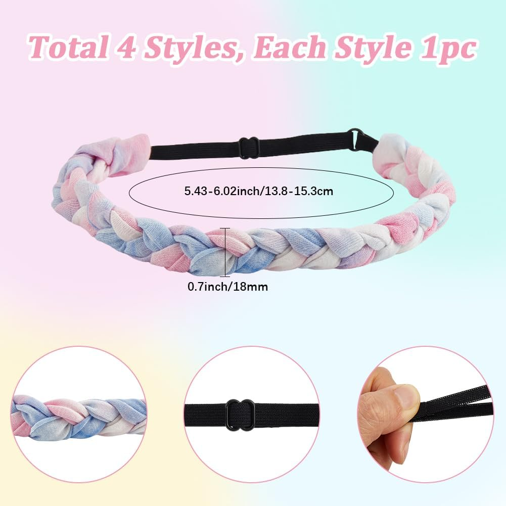 SOFPLATE 4Pcs 4 Colors Elastic Woven Headbands Thin Colored Fabric Headbands Adjustable Rainbow Polyester Stretch Spandex Cloth Tie Dye Hairbands Accessories for Short Long Hairstyle DIY Decoration