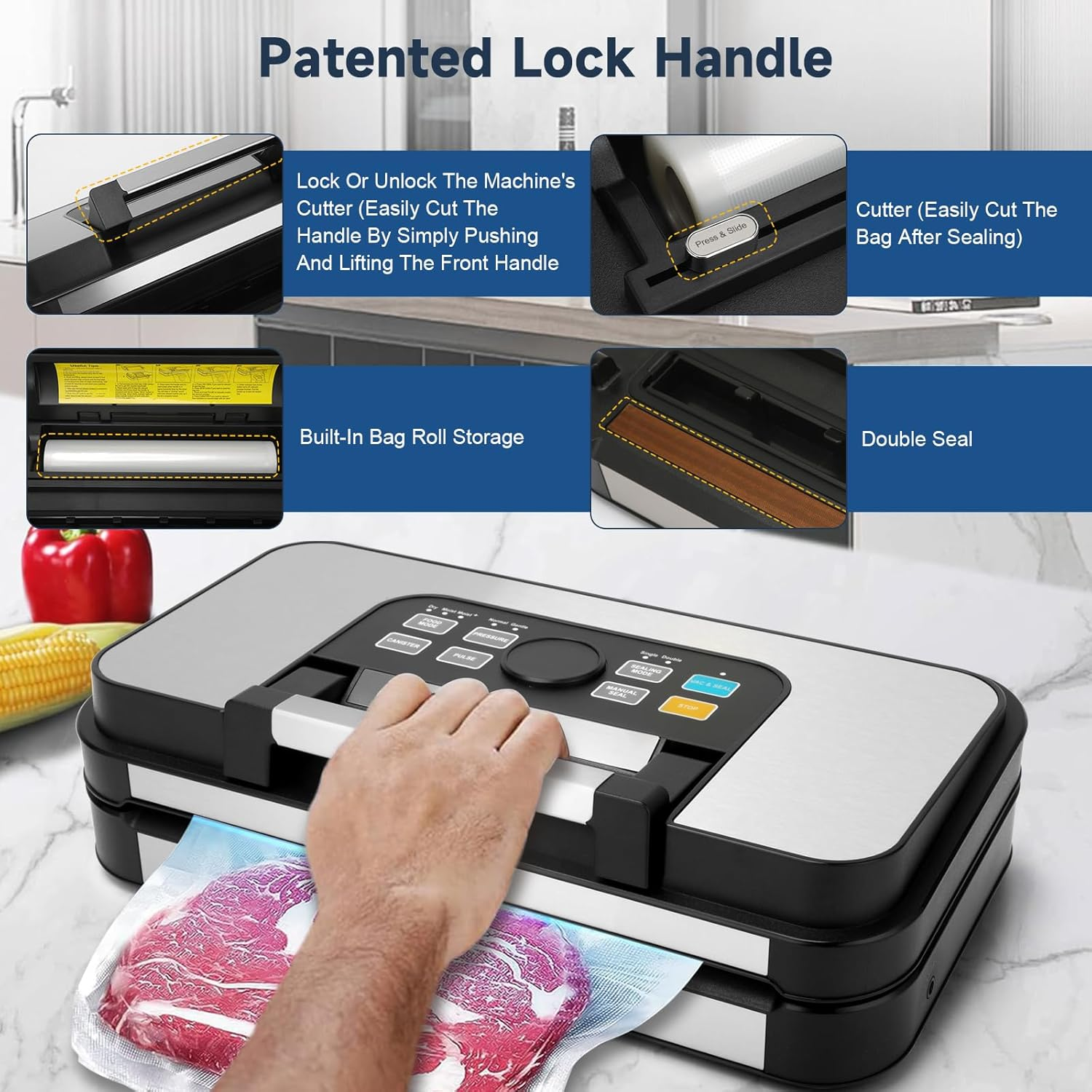 Food Vacuum Sealer Automatic Sealing Machine for Food Preservation with 95Kpa Powerful Suction, Easy-Lock Handle, 10-In-1 Dry Moist Sealing Modes, Built-In Bag Rolls image number 1