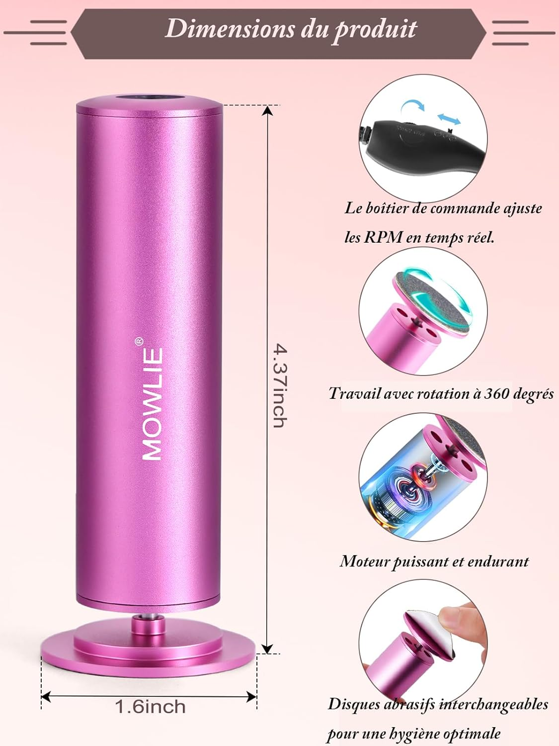 MOWLIE Electric Callus Remover with 60 Pieces Replacement Sanding Pads, Electric Callus Remover Set, Pro Pedicure Foot File, Efficient Pedicure Set, Foot Care for Dead Hard Cracked Skin image number 3