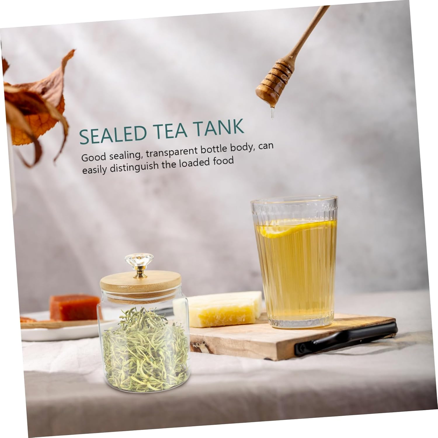 GRIRIW 2Pcs Glass Tea Jar Loose Tea Canister Lid Dried Fruit Storage Canisters for Kitchen Home Organizing image number 3