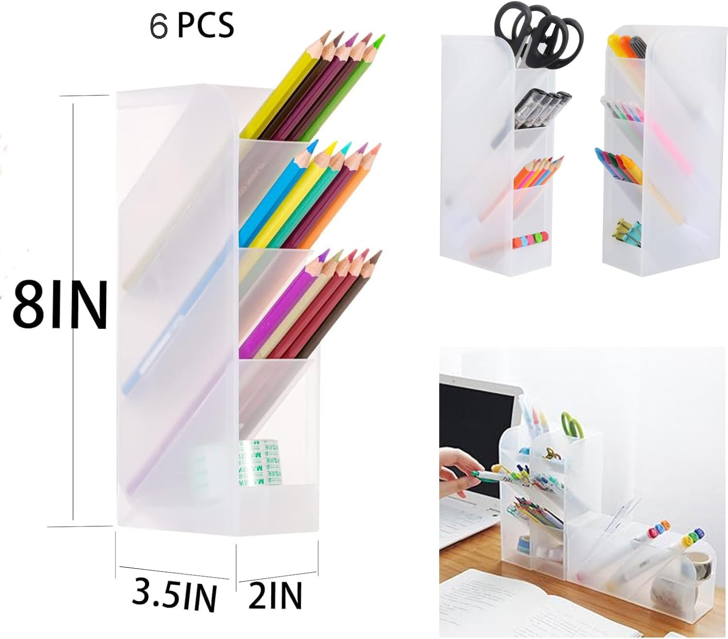 6 Pcs Pen Holder for Desk,Desk Organizer,4 Compartment Multifunctional Pen Storage Box,Pencil Case for Office,Storage,Makeup Brush Storage Box, School Supplies (Translucent White) image number 2