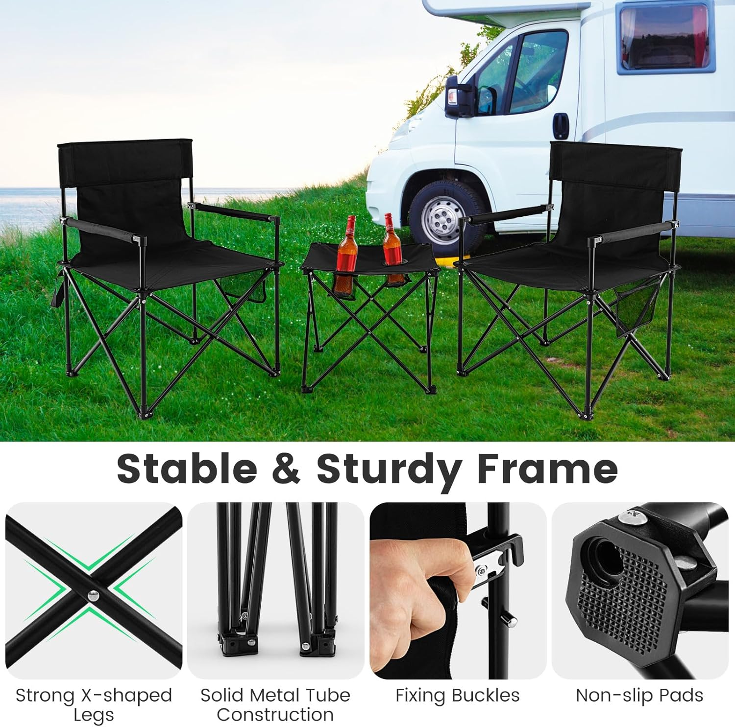 Costway Folding Camping Chair Set of 3, Portable Lawn Chair & Side Table W/ 2 Cup Holders, Storage Pockets, Carrying Bag, Oversized Camping Chair with Table for Fishing, Hiking, Picnic, BBQ, Black image number 5