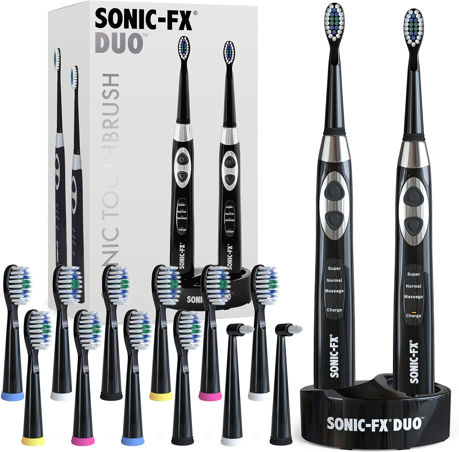 Sonic-Fx DUO Dual Handle Whitening Electric Toothbrushes - 3 Modes with Smart Timers - 12 Brush Heads & 2 Interdental Heads with Charging Dock (His & Hers)