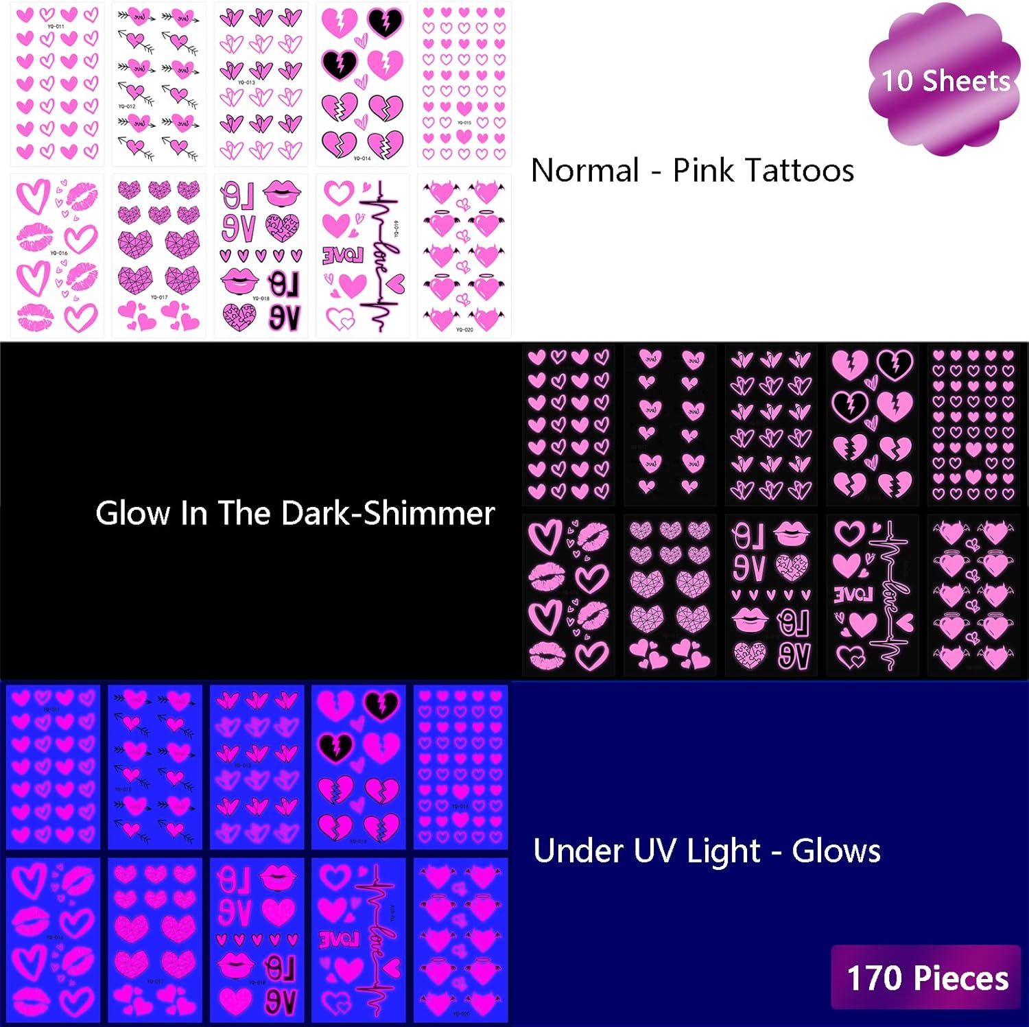 Maripabon UV Neon Temporary Tattoos 170 Pieces Pink Heart Shaped Shimmer Designs Love Glow in the Dark Tattoos Stickers Flash Fake Waterproof Tattoos for Women Men Body Face Art image number 5