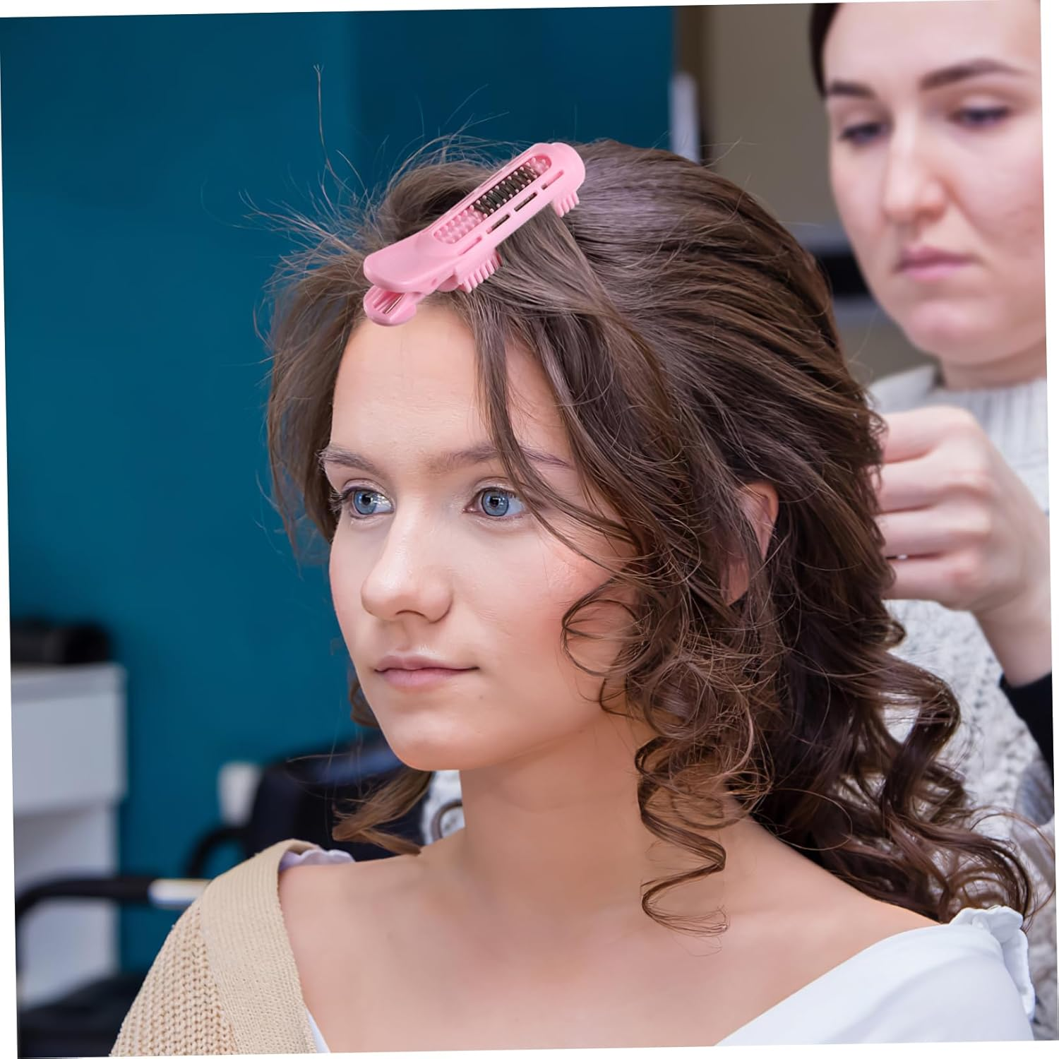 DEARMAMY 10Pcs Pink Hair Rollers for Bangs and Volume Root Clips for Curly Hair Self-Adhesive Roller Jaw Clamps and Sectioning image number 1