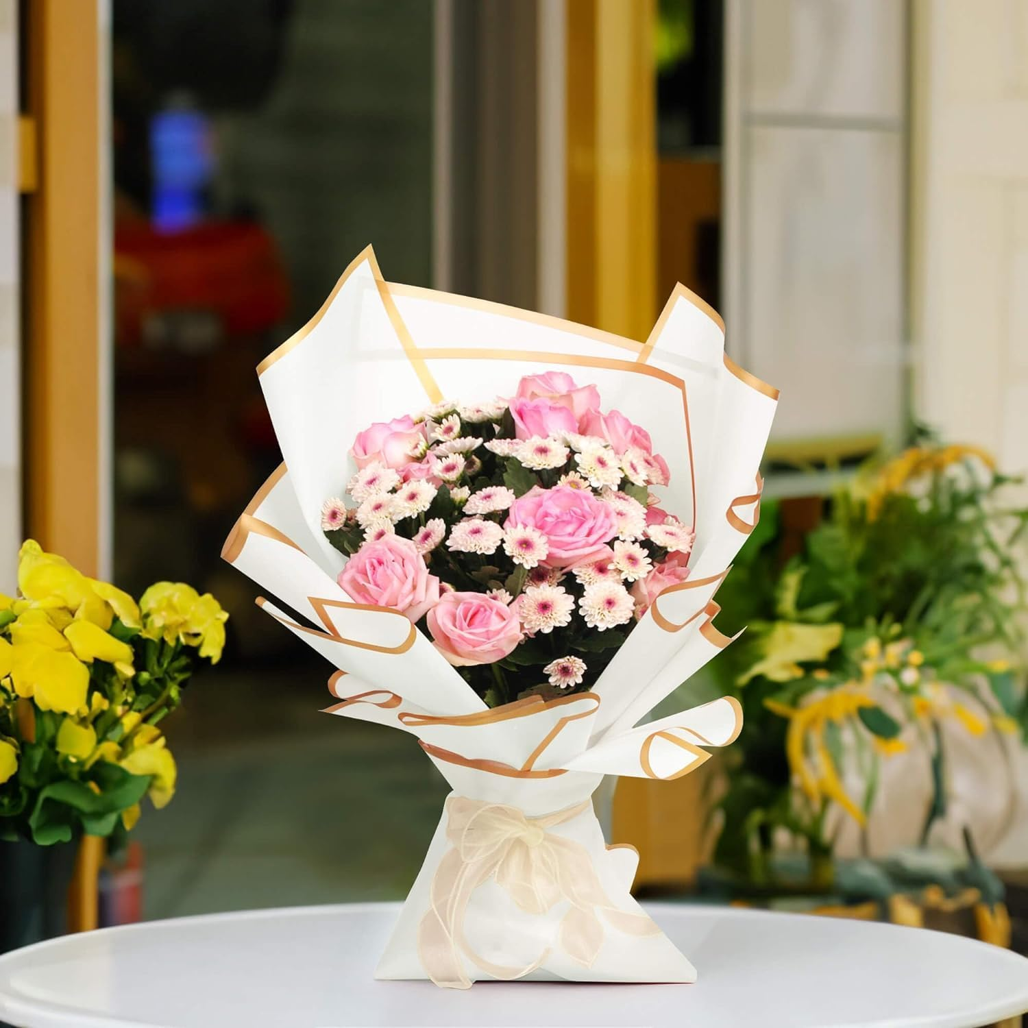 JOYIT 20 Sheets Flower Wrapping Paper - White, 22.8''X22.8'' with Ribbon, Waterproof, Perfect for Wedding, Birthday, Flower Shop, DIY Craft - Black image number 2