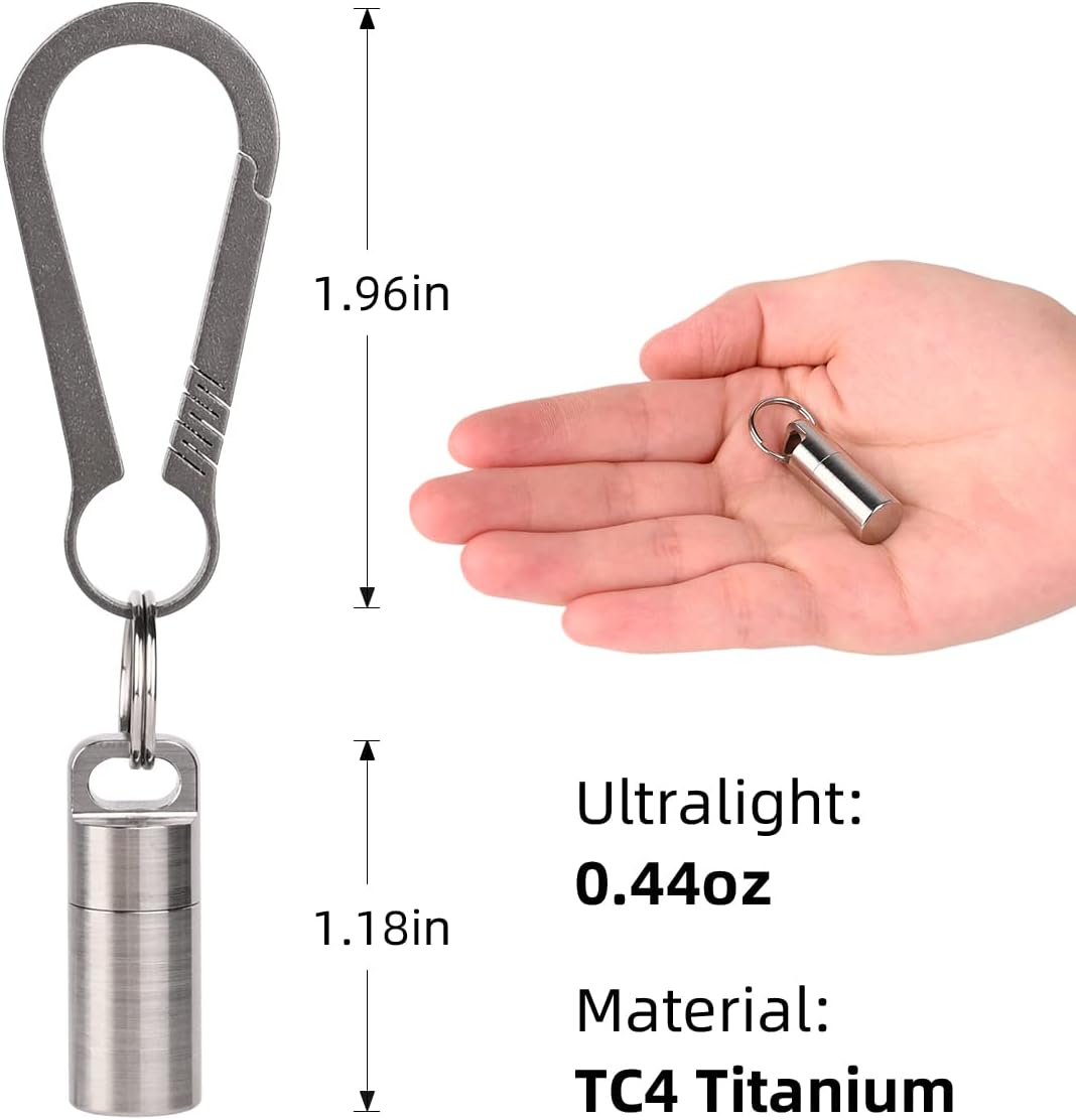 SW633 Micro Titanium Portable Pill Case Keychain,Mini Pill Holder Keychain, Waterproof Pill Fob for Outdoor Travel Camping(Include a Titanium Keychain Clip and Stainless Steel Necklace)