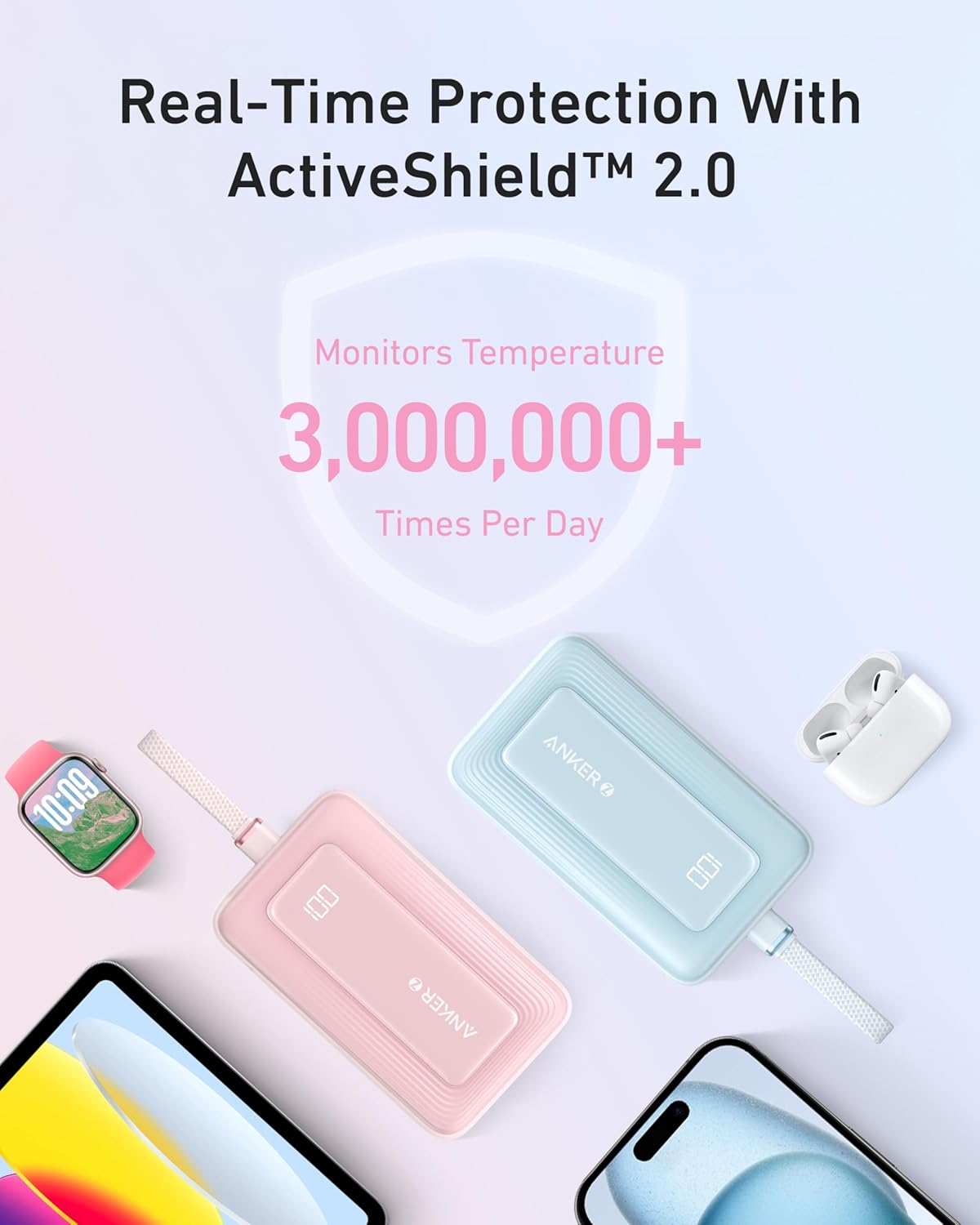 Anker Zolo Power Bank, 20,000Mah 30W High-Speed Portable Charger with Built-In USB-C Cable, 1 USB-C, 1 USB-A, Battery Pack for Iphone 17/16/15 Series, Macbook, Galaxy, and More (Pink) - Blue image number 7