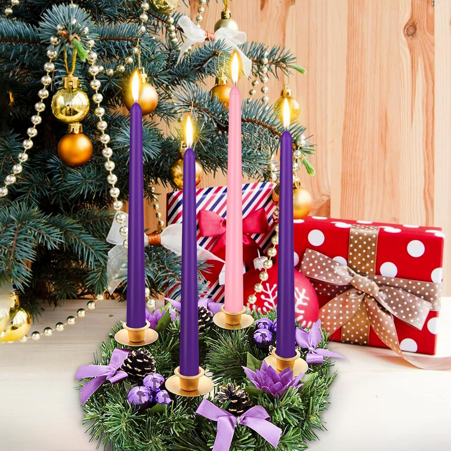 Christmas Product | 4 Pack Advent Candle Set, 3 Purple and 1 Pink Taper Candles, 10 Inch Smokless and Dripless Candlesticks Bulk for Advent Christmas Seasonal Celebration image number 3