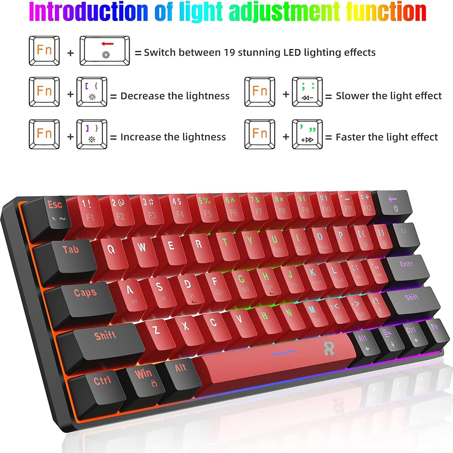 ROCK POW Wired Mechanical PC Gaming Keyboard, LED Backlit 61 Keys Small Wired Office Mechanical Mini Keyboard for Windows Laptop PC Mac (Black-Red, Blue Switches) image number 3