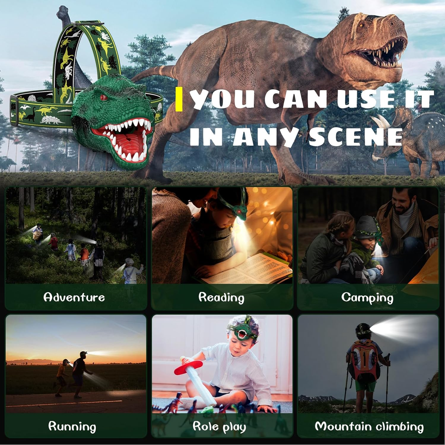 Dysaim Kids Headlamp, Rechargeable T-Rex Dinosaur Headlamp for Kids and LED Head Lamp Camping Gear Flashlight, Hiking Accessories Headlight Toys, Four Light Modes Suitable for Reading/Party Gift - Red image number 6