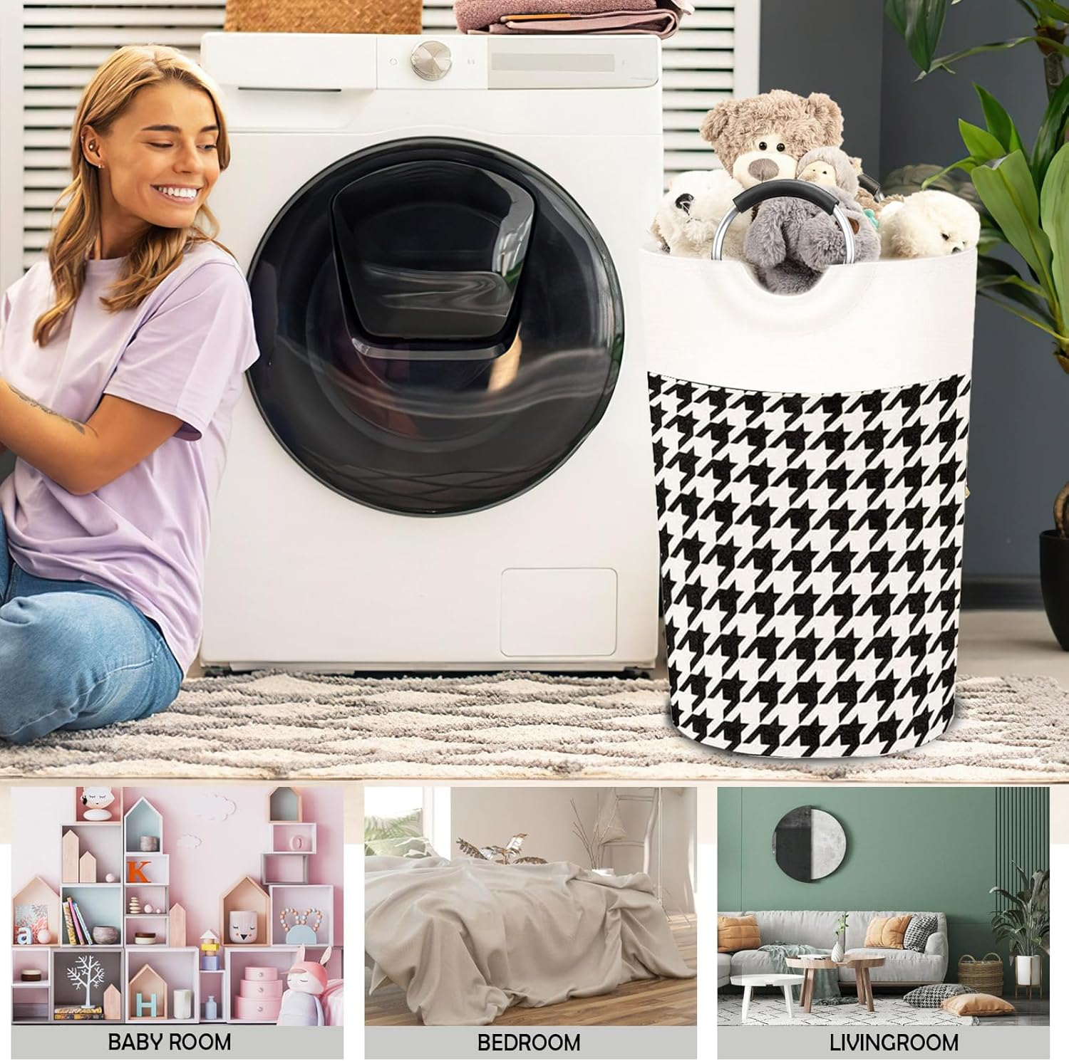 Large Laundry Basket, Collapsible Cotton Linen Hamper with Foam-Protected Aluminum Handles, for Clothes and Toys, Dorm and Home Use (Houndstooth Pattern) image number 4