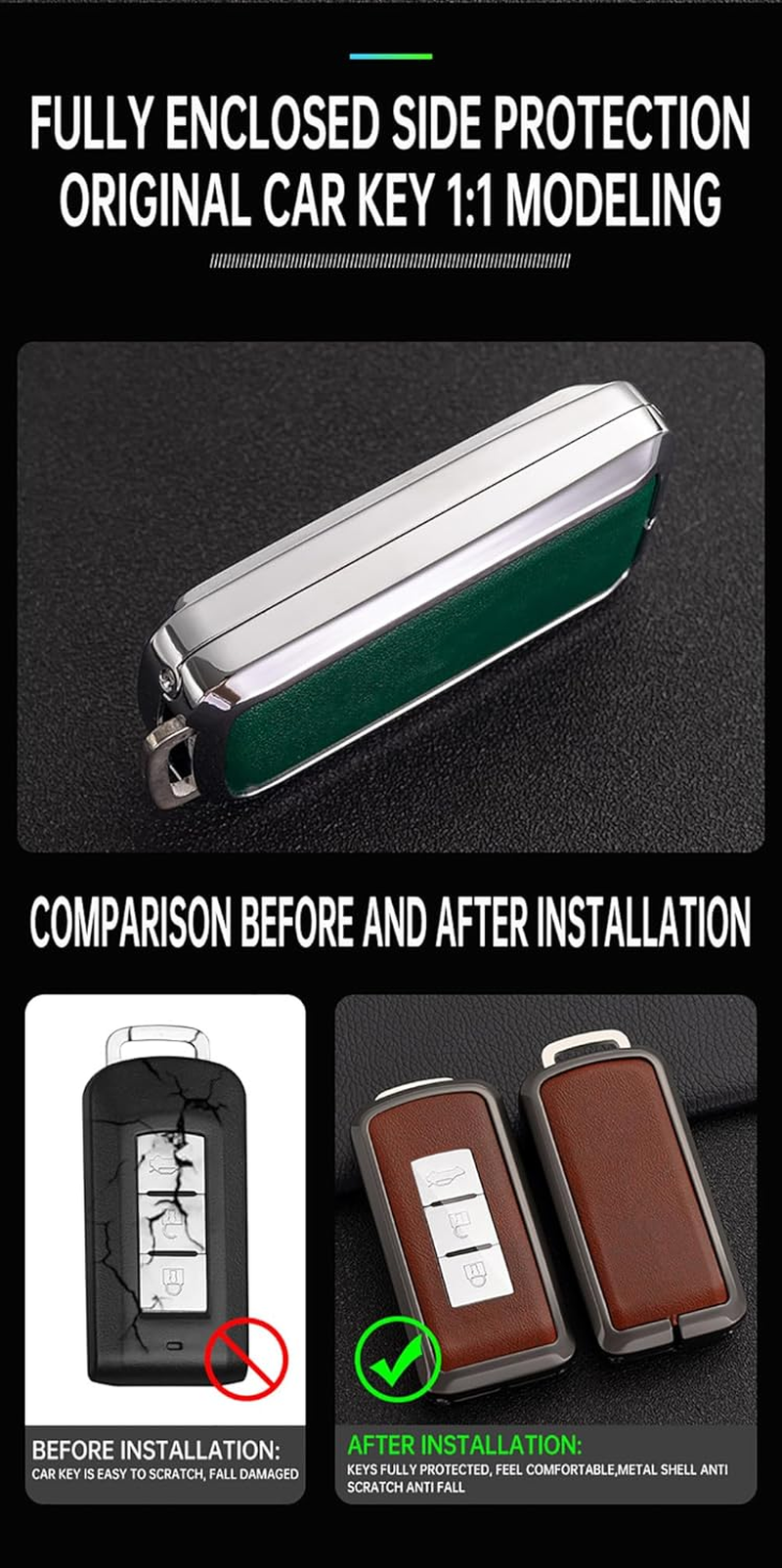 Remote Control Car Key Csae Zinc Alloy Leather Keyring Key Cover Fit for Mitsubishi L200 ASX Outlander Eclipse Cross Pajero Sport Lancer GT Mirage G4 2/3 Buttons Key Fob Holder Silvery-Brown