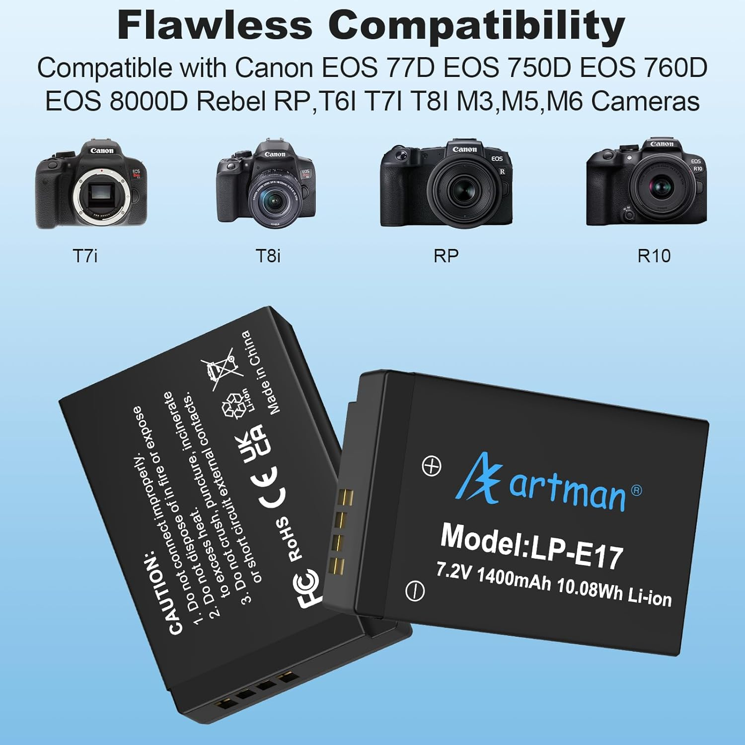 Artman LP-E17 Battery 2-Pack with USB-C 20W Fast Charging Case for Canon EOS R100 R50 RP R10 R8, Rebel T8I, T7I, T6I, T6S, SL2 SL3, EOS M3, M5, M6, EOS 77D 200D 250D 750D 760D 800D 8000D Camera image number 3