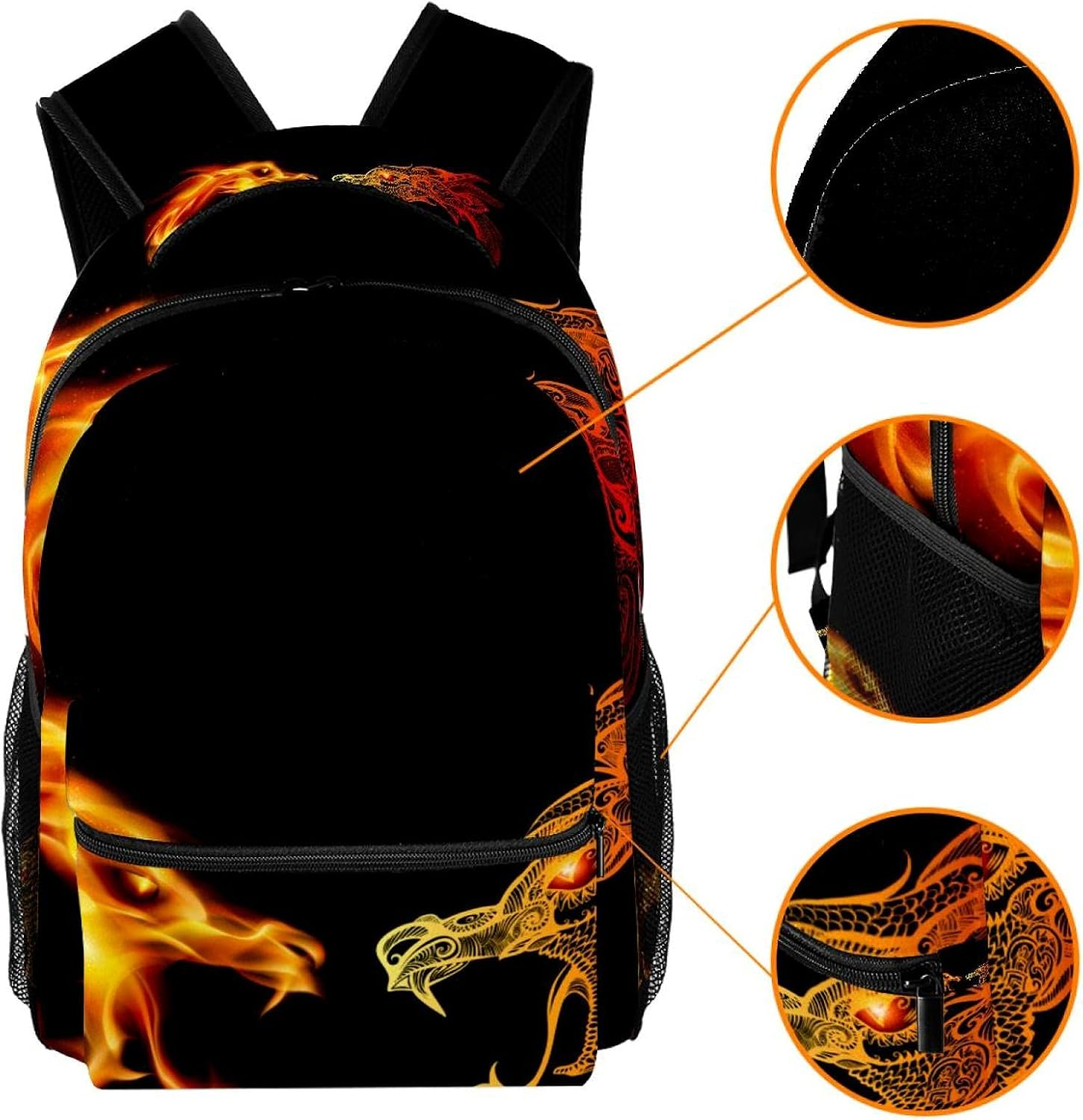 Two Dragon Heads in Fire Backpack Students Shoulder Bags Travel Bag College School Tote Backpacks image number 2