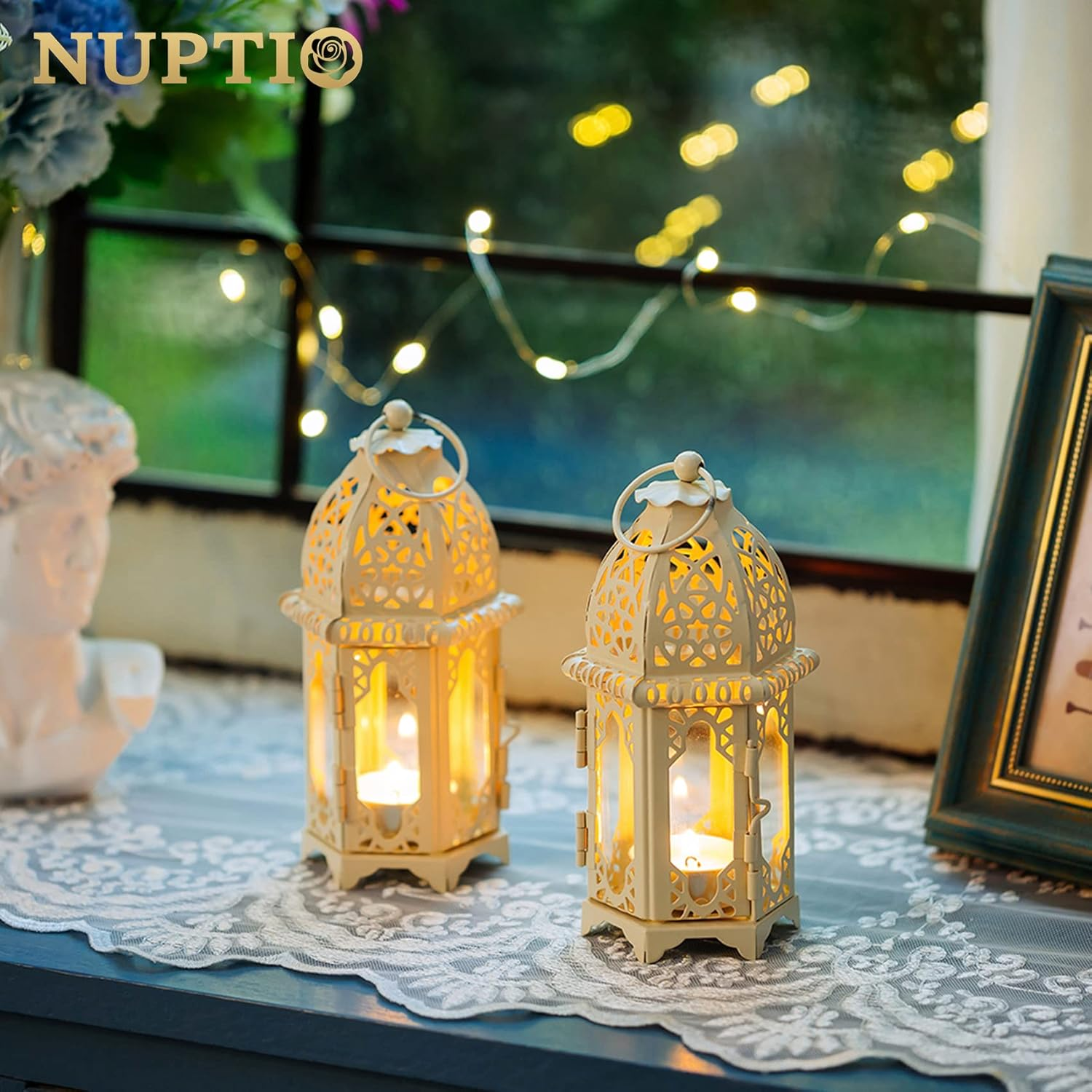NUPTIO 2 Pcs Moroccan Style Candle Lantern - Small Sized Tealight Candle Holder with Transparent Glass Panels Great for Patio, Indoors/Outdoors, Events, Parties and Weddings, White image number 4