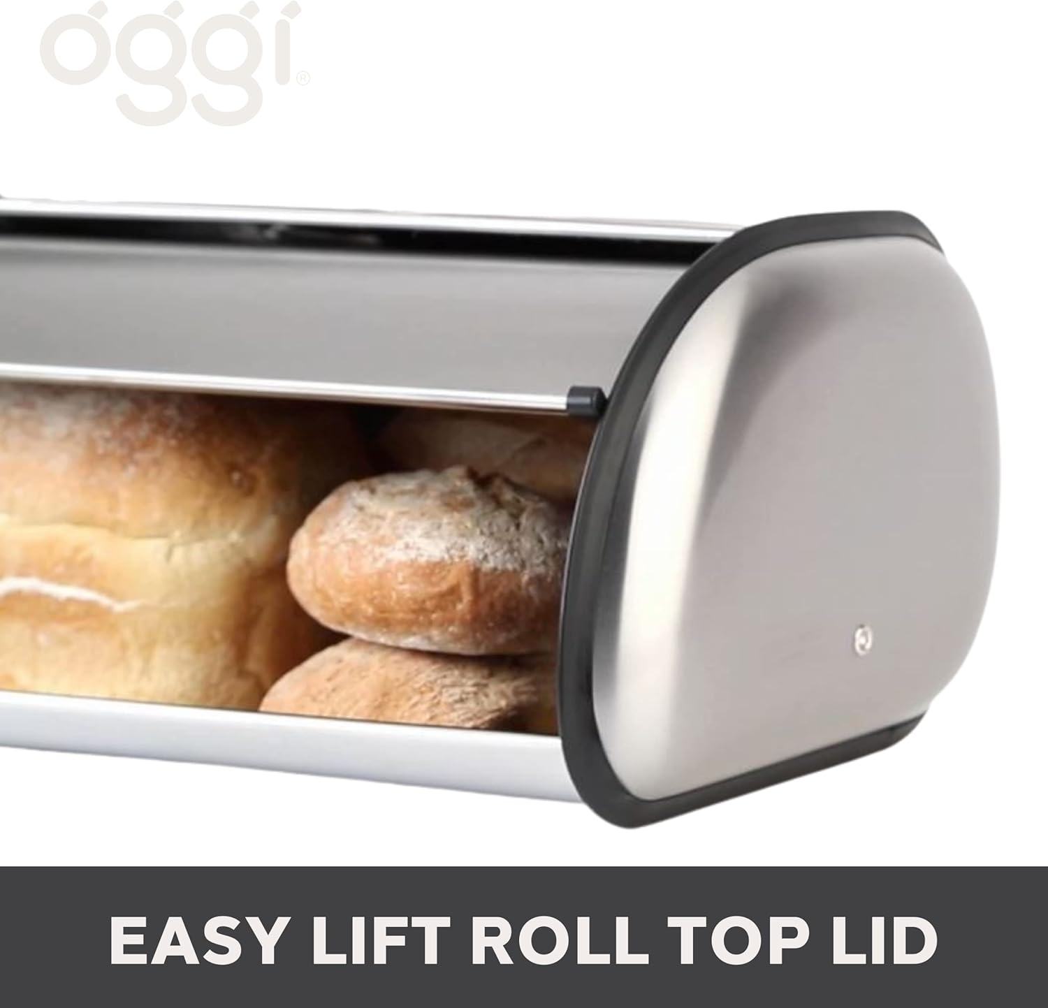 Oggi Stainless Steel Roll Top Bread Box for Kitchen Countertop with Stainless Steel Lid - Fits Multiple Large Loaves of Bread and Other Freshly Baked Goods Including Cookies, Bagels, Muffins image number 6
