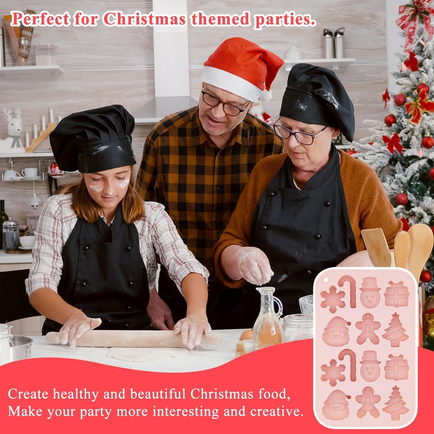 Christmas Silicone Molds,2 PCS 14 Cavities Candy Baking Molds,For Mini Cakes, Handmade Soap, Chocolate, Jello, Candy and Candles,With Snowflake Gingerbread Santa Snowman Molds image number 1