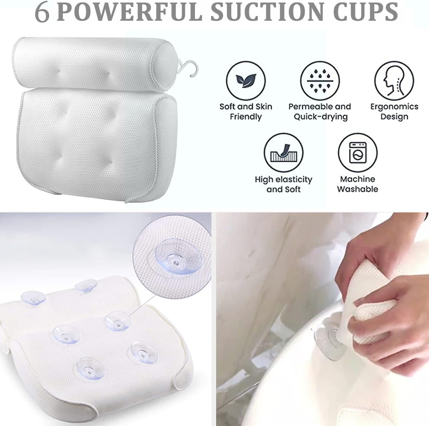 Bath Pillow, Bath Pillows for Bathtub, Bathtub Home Spa Soft Pillow with 3D Air Mesh Breathable and 6 Suction Cups, Head, Neck, Back and Shoulder Support, Air Dry with Hanging Hook image number 3