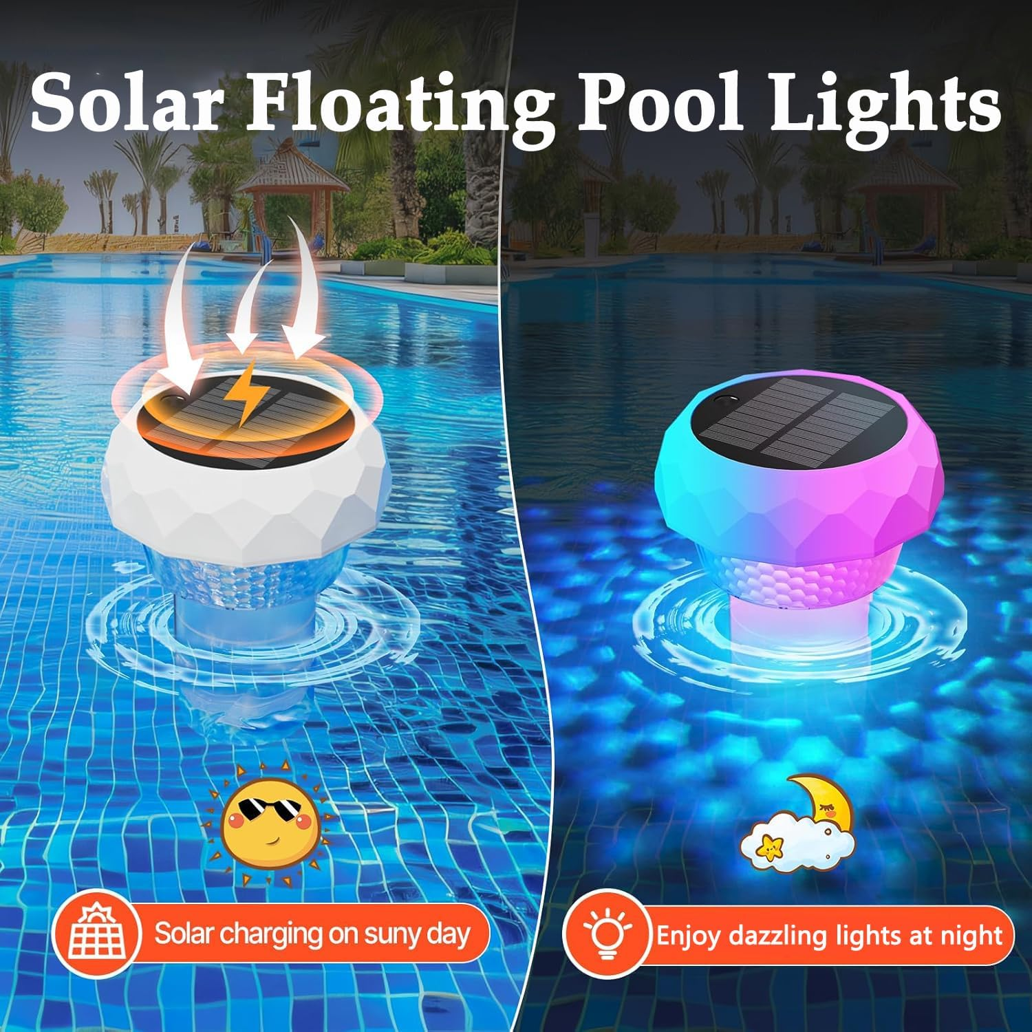 Solar Rechargeable Floating Pool Lights - IP68 Underwater Remote Control LED with Colorful Light Show & Timer, Solar Powered Waterproof Light for Inground Pool,Bathroom, Bathtub, Pool Party image number 1