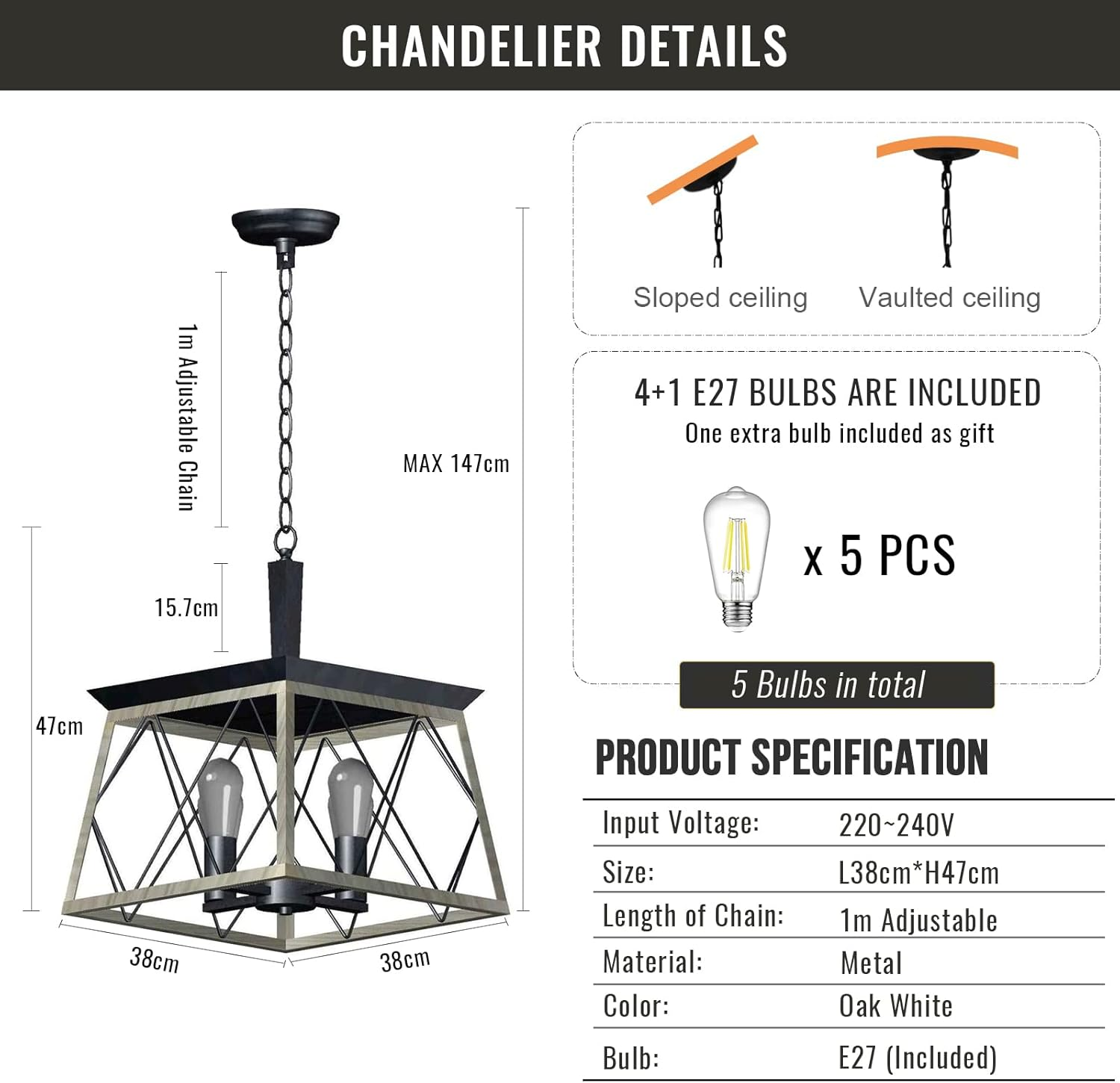 USOR Farmhouse Chandelier 4 Lights Rustic Vintage Pendant Lights L38Xh47Cm Lantern Ceiling Light Fixture Industrial Island Light Chandeliers for Kitchen Island Dining Room Living Room Bulbs Included image number 3