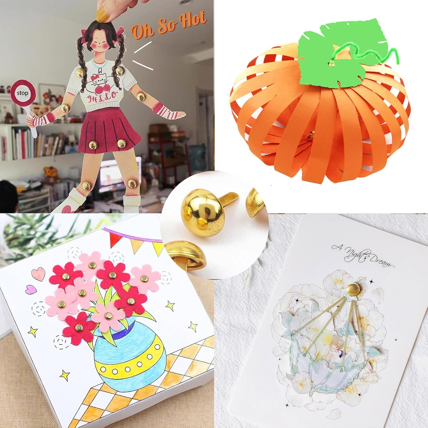 100Pcs round Head Double-Prong Rivets ，Foot Nails，Paper Fasteners ，For Craft Art Crafting School Project Decorative Clipbook Creation DIY Supplies. (Gold)