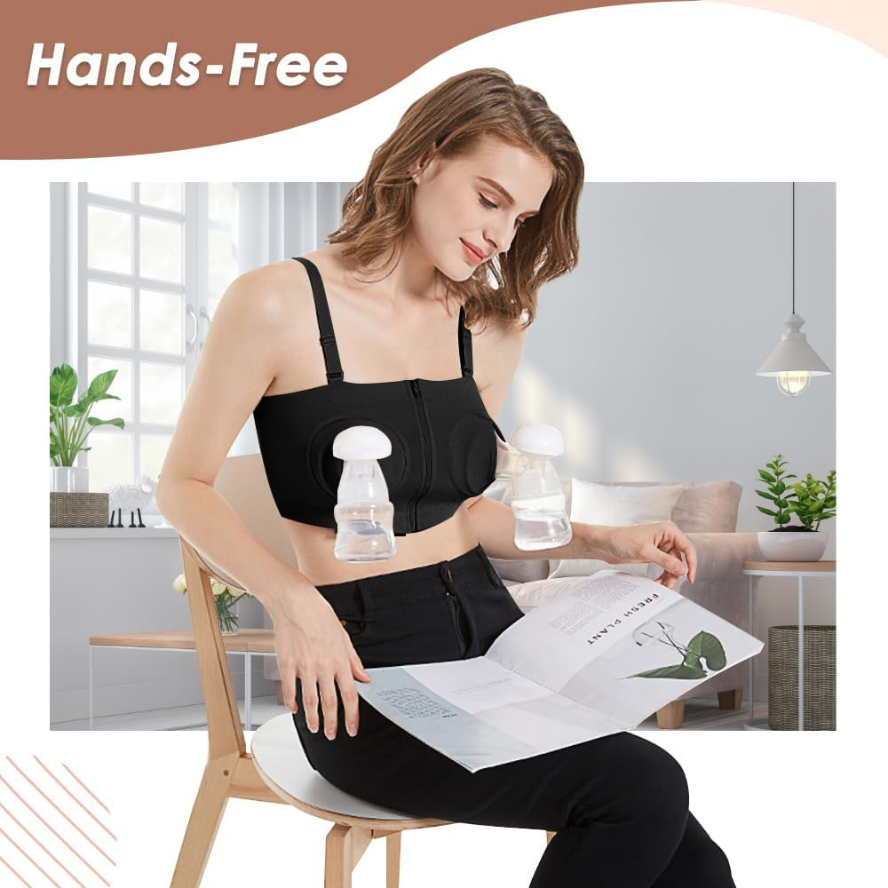 Autowt Hands Free Pumping Bra, Front Zipper Breast Pump Bra, Comfortable and Adjustable Hook&Loop Back Nursing Bra, for Most Breast Pumps image number 4