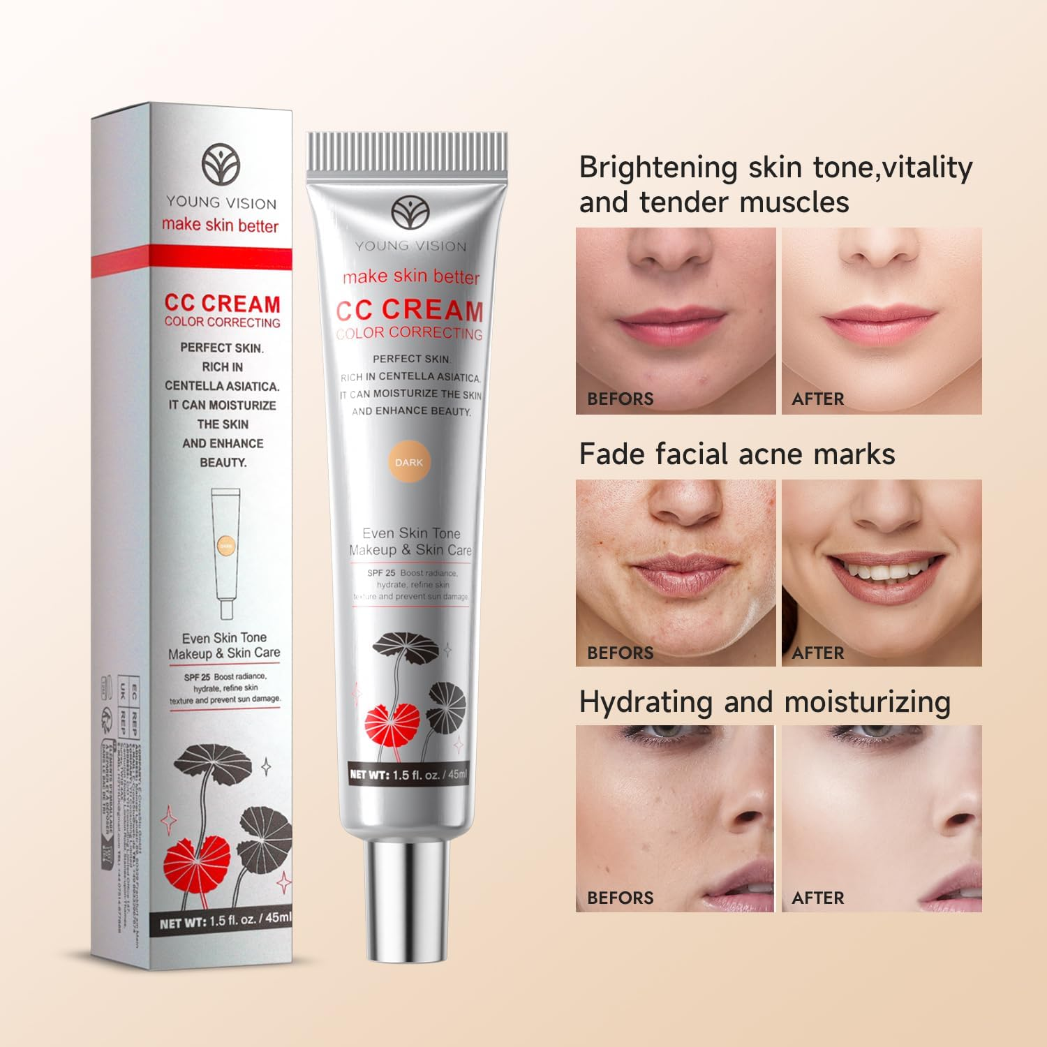 Multi-Purpose CC Cream with SPF 25 - Full Coverage Hydrating Foundation, Color Corrector & Primer with Centella Asiatica | Moisturizing Concealer & Sunscreen (Dark, CC)