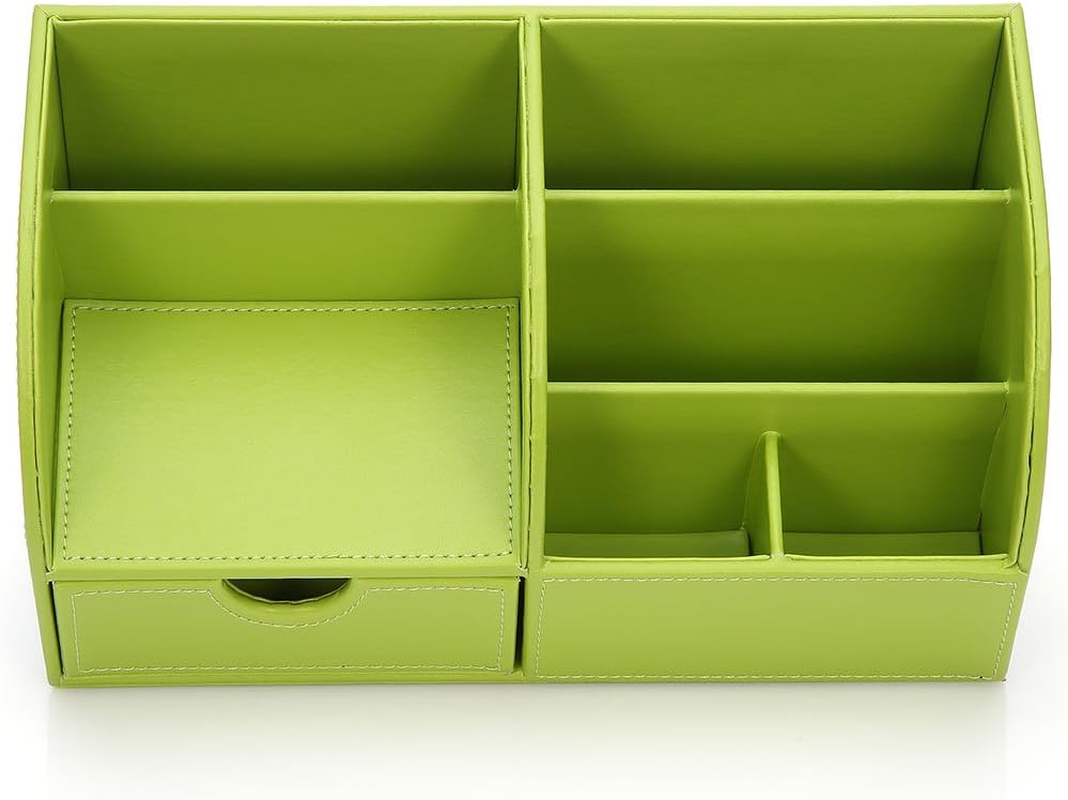 KINGFOM Pu Leather Desk Organizer Pen Pencil Holder Office Supplies Caddy Storage Box 6 Compartments with Drawer Green image number 5