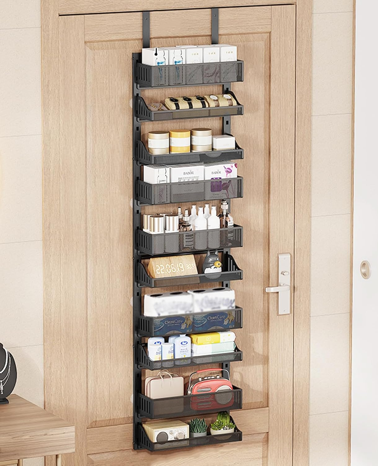 10-Tier over the Door Pantry Organizer, over the Door Organizer with Adjustable Basket, Metal Hanging Spice Rack, Heavy-Duty Pantry Doors Storage Shelf for Kitchen, Bathroom (White)