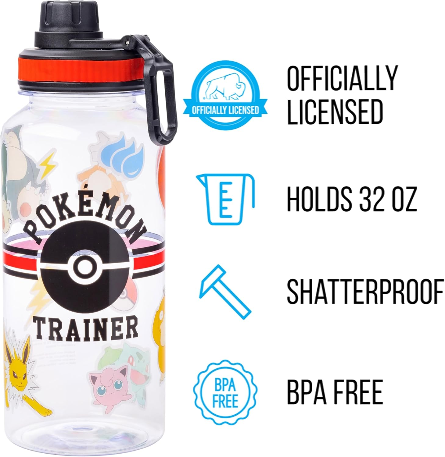 Silver Buffalo Pokemon Trainer Icons Twist Spout Plastic Water Bottle with Stickers You Stick Yourself, 32 Ounces image number 1