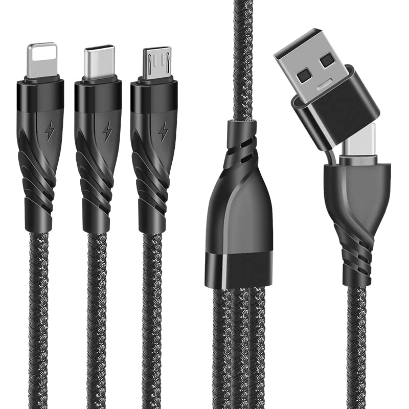 Multi Charging Cable, 5 in 1 USB A/USB C Multi Charger Cable Nylon Braided Fast Charging Cord with IP Micro USB Type-C Port, Multi USB Cable for Phone 16 15 14 13 12 11 X 8 6 Samsung and More