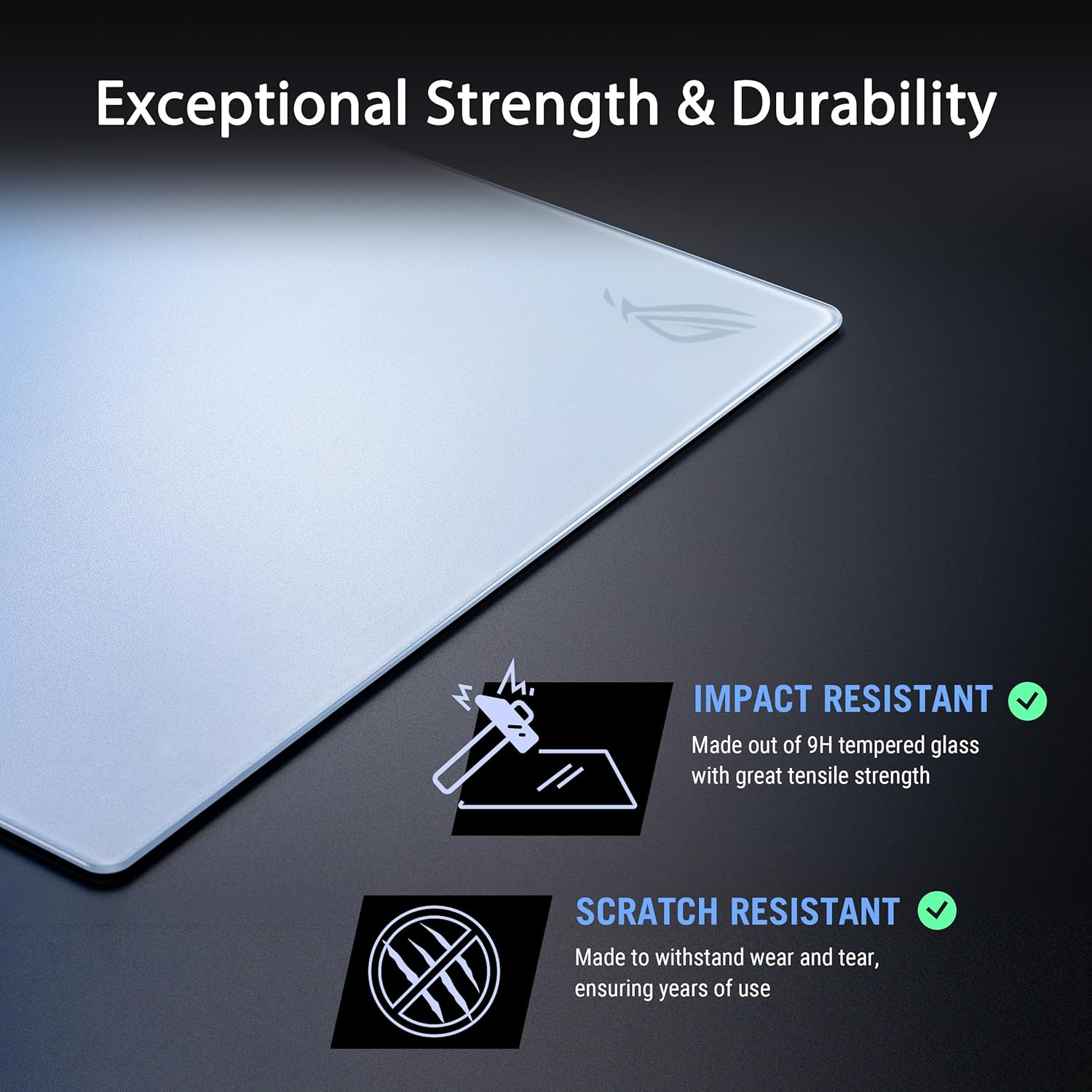 ASUS ROG Moonstone Ace L Glass Gaming Mouse Pad, Ultra-Smooth Surface, Noise-Reducing Design, 9H Tempered Glass, Impact & Scratch Resistant, Anti-Slip Silicone Base, 500 X 400 Mm, Moonlight White image number 1