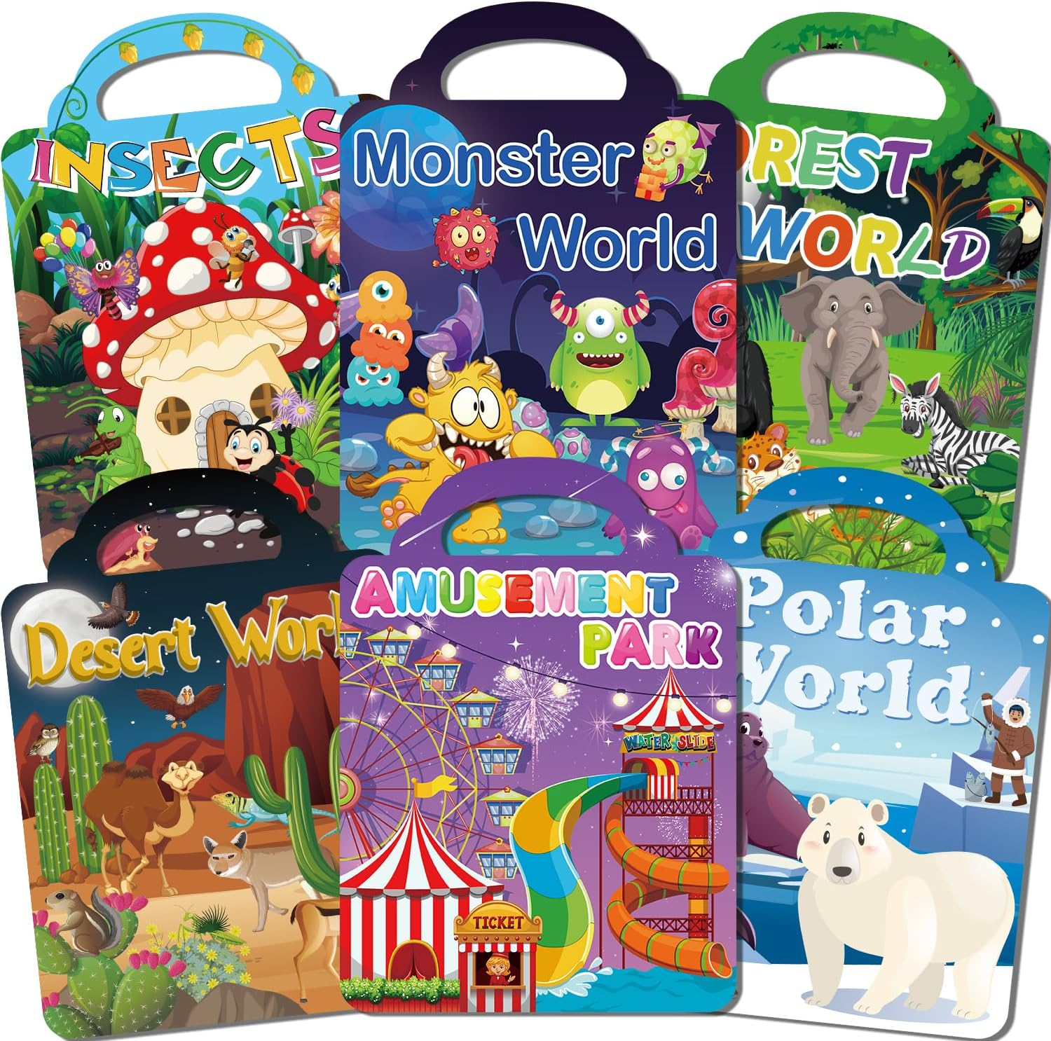 6 Pack Reusable Puffy Sticker Book for Kids 2-4, Reusable Sticker Pad, Includes 6 Themes Dinosaurs,Construction Site, Forest World, Insects, Busy Town, Cute Pet, Sticker for Toddlers 1-3