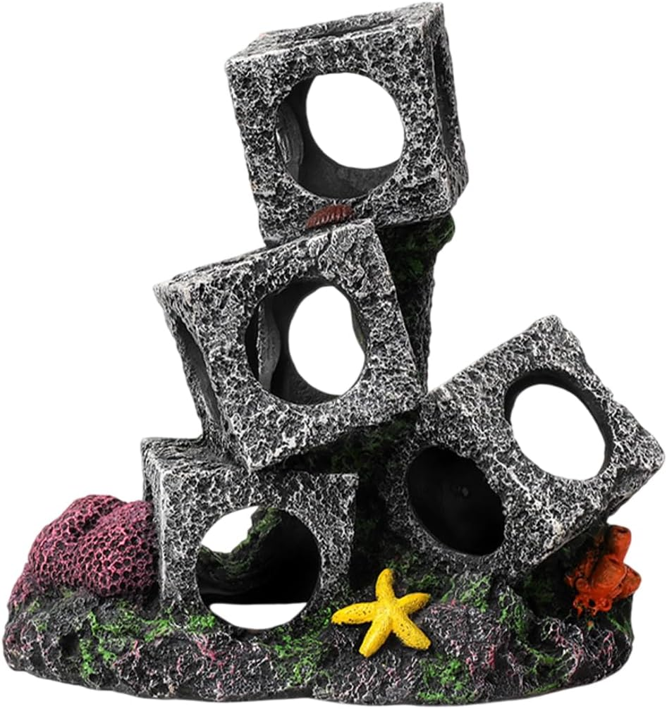 AIMALL Resin Square Fish Tank Cave Set 2/3/5 Cubes Aquarium Hideout Rock Decoration Cichlid Breeding Shelter Shrimp Hiding Box Aquascape Ornament image number 3