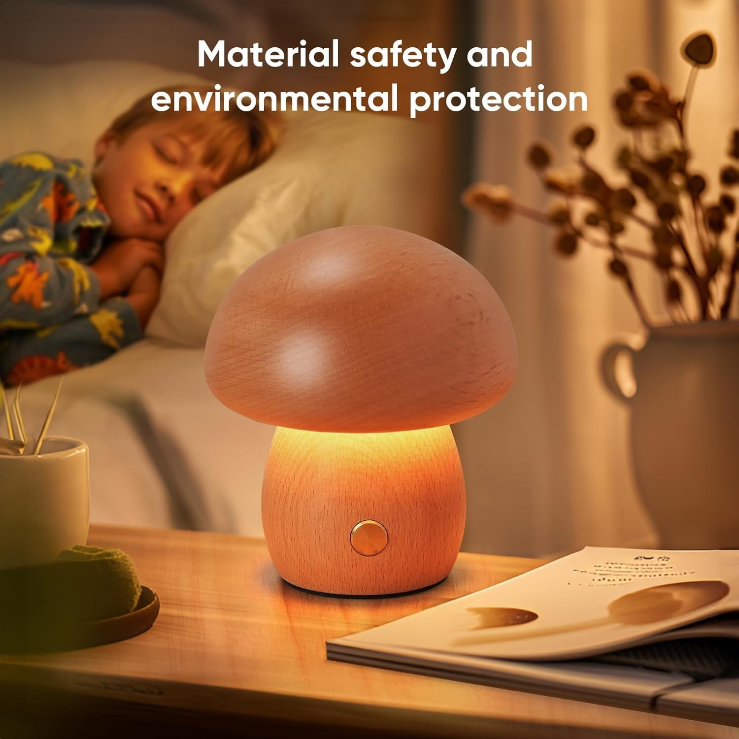Wooden Mushroom Lamp &ndash; Portable Cordless Rechargeable Beech Wood Table Lamp with Stepless Touch Dimming & Memory, Compact Night Light Birthday Gift image number 1