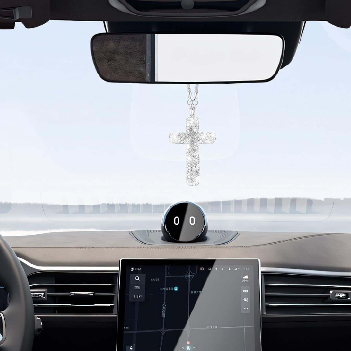 HZEL Bling Car Hanging Ornament, Cross Crystal Rhinestone Vehicle Rear View Mirror Pendant, Diamond Religious Rearview Mirror Decoration Charm, Universal Automotive Interior Accessories (White)